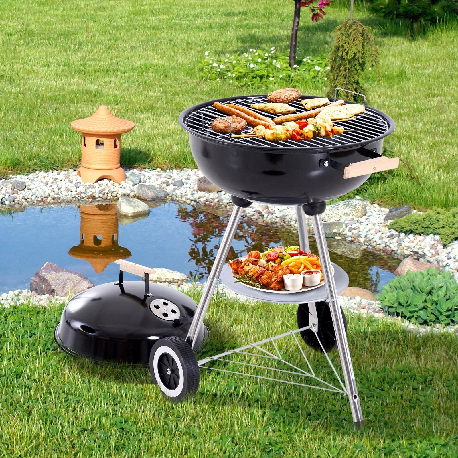 Portable Round Kettle Charcoal Grill BBQ Smoker with Lid Outdoor Heat Control Party Patio Barbecue Garden - Image 2