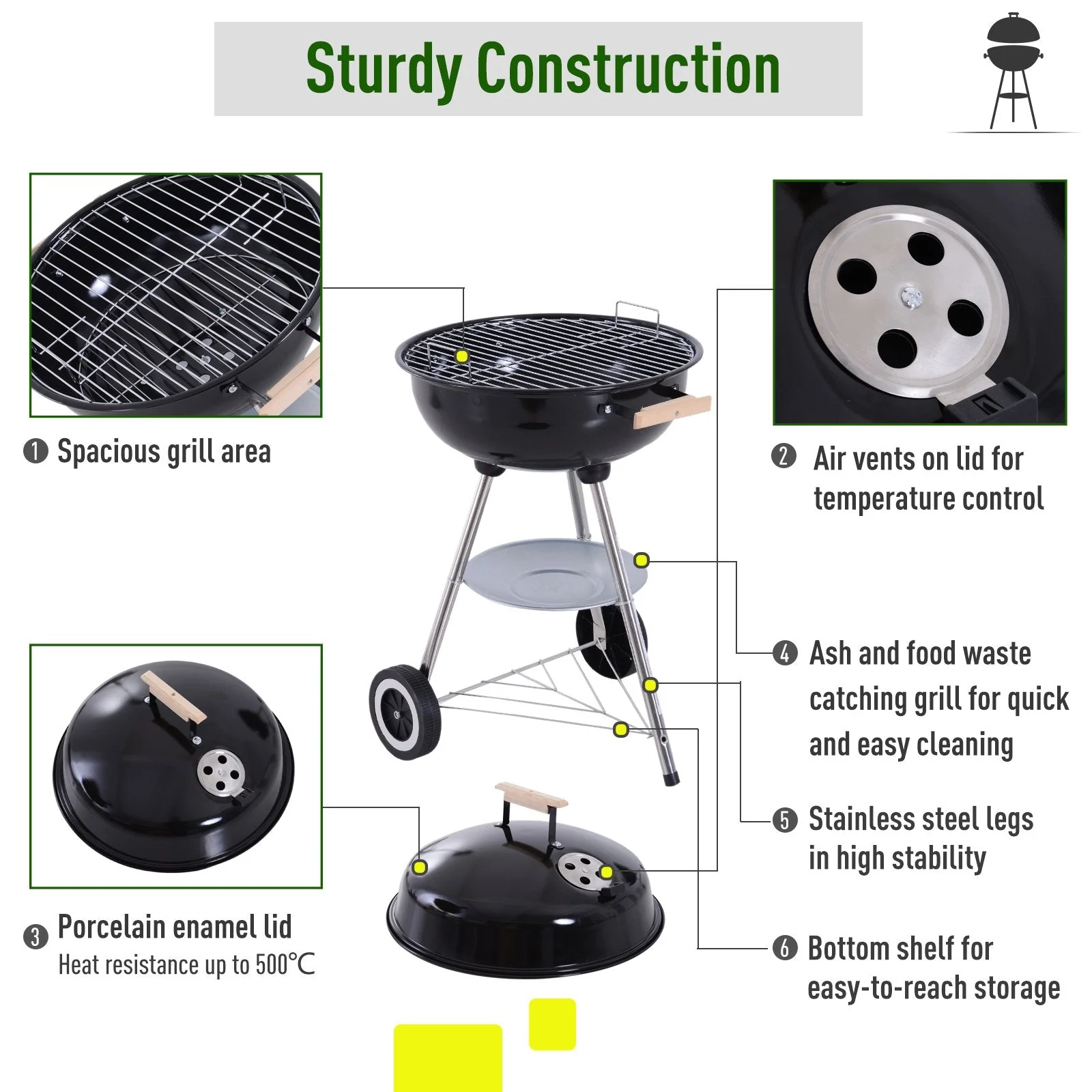 Portable Round Kettle Charcoal Grill BBQ Smoker with Lid Outdoor Heat Control Party Patio Barbecue Garden - Image 5