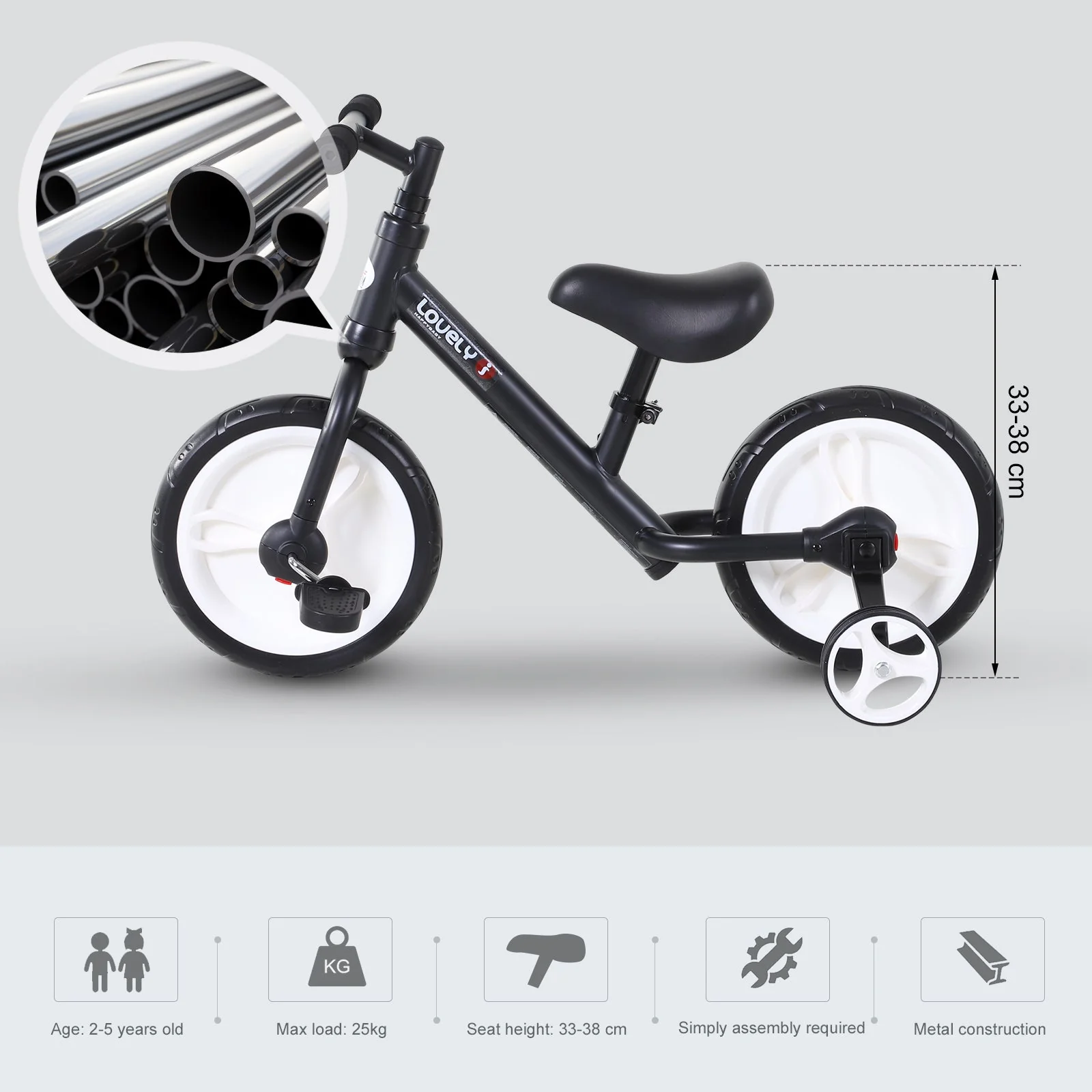 PP Toddlers Removable Stabiliser Kids Balance Bike Black - Image 8