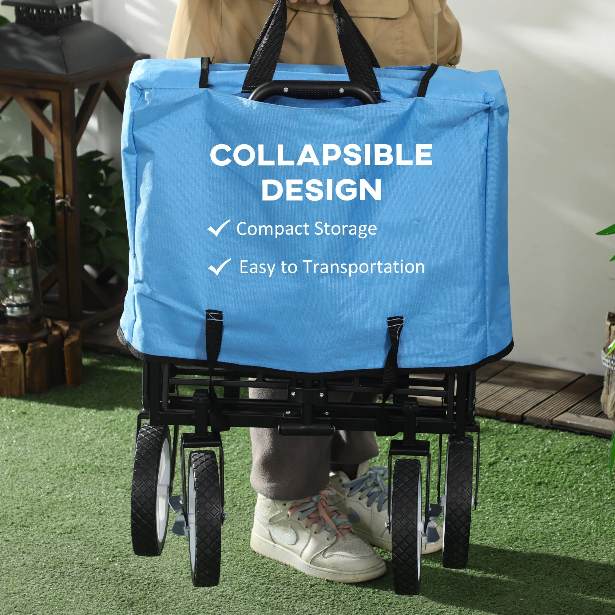 Pull Along Cart Folding Cargo Wagon Trailer Trolley for Beach Garden Use with Telescopic Handle - Blue - Image 4