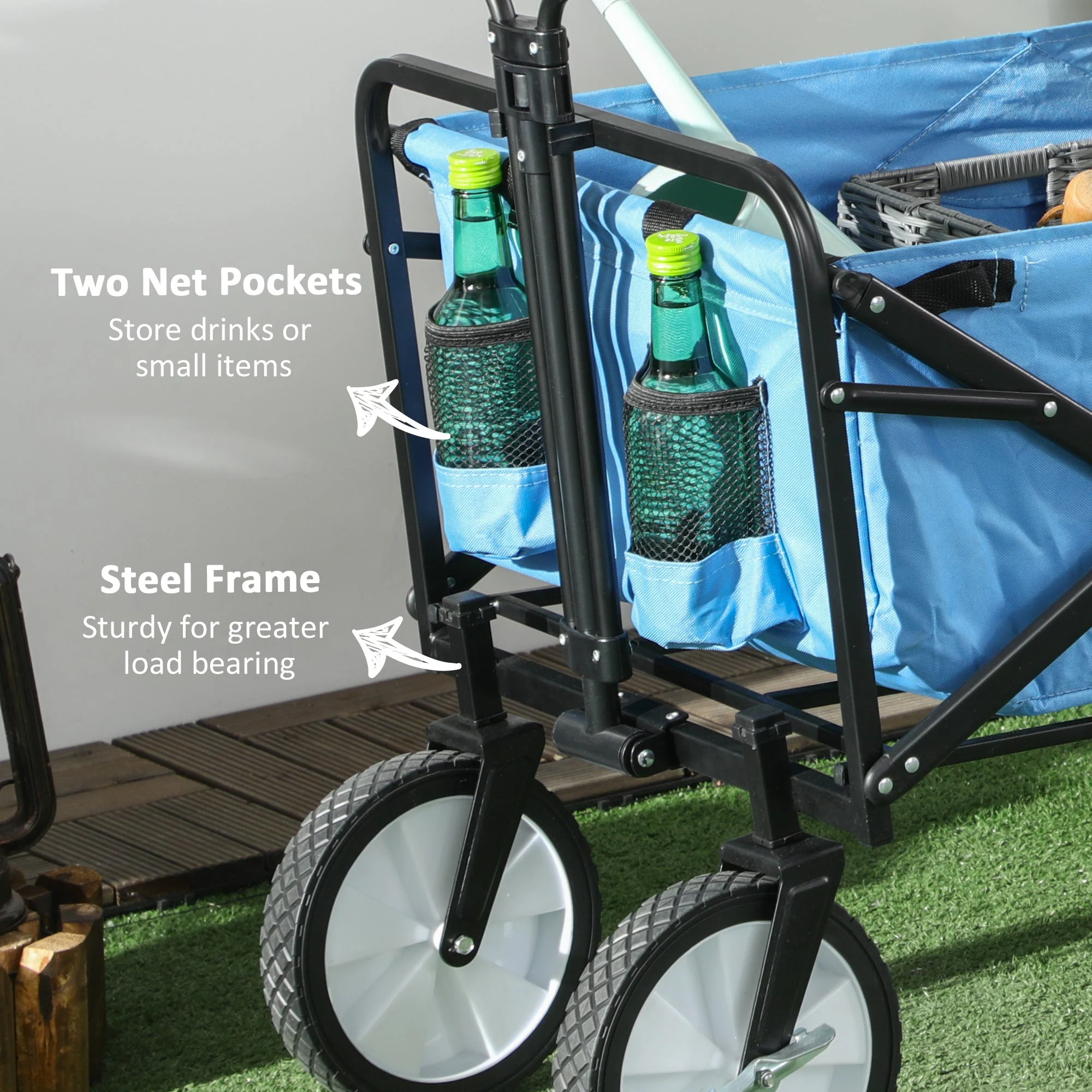 Pull Along Cart Folding Cargo Wagon Trailer Trolley for Beach Garden Use with Telescopic Handle - Blue - Image 7