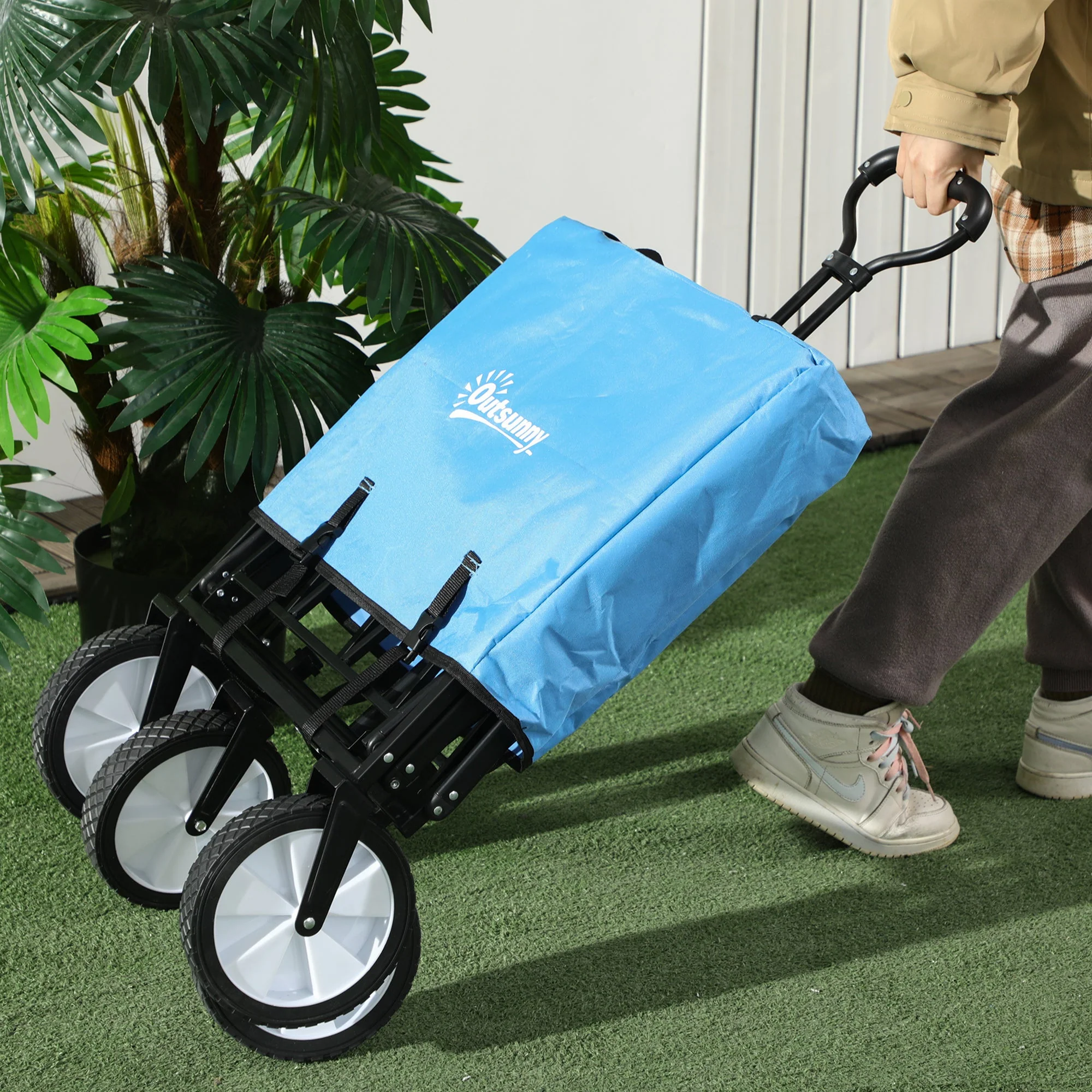Pull Along Cart Folding Cargo Wagon Trailer Trolley for Beach Garden Use with Telescopic Handle - Blue - Image 8