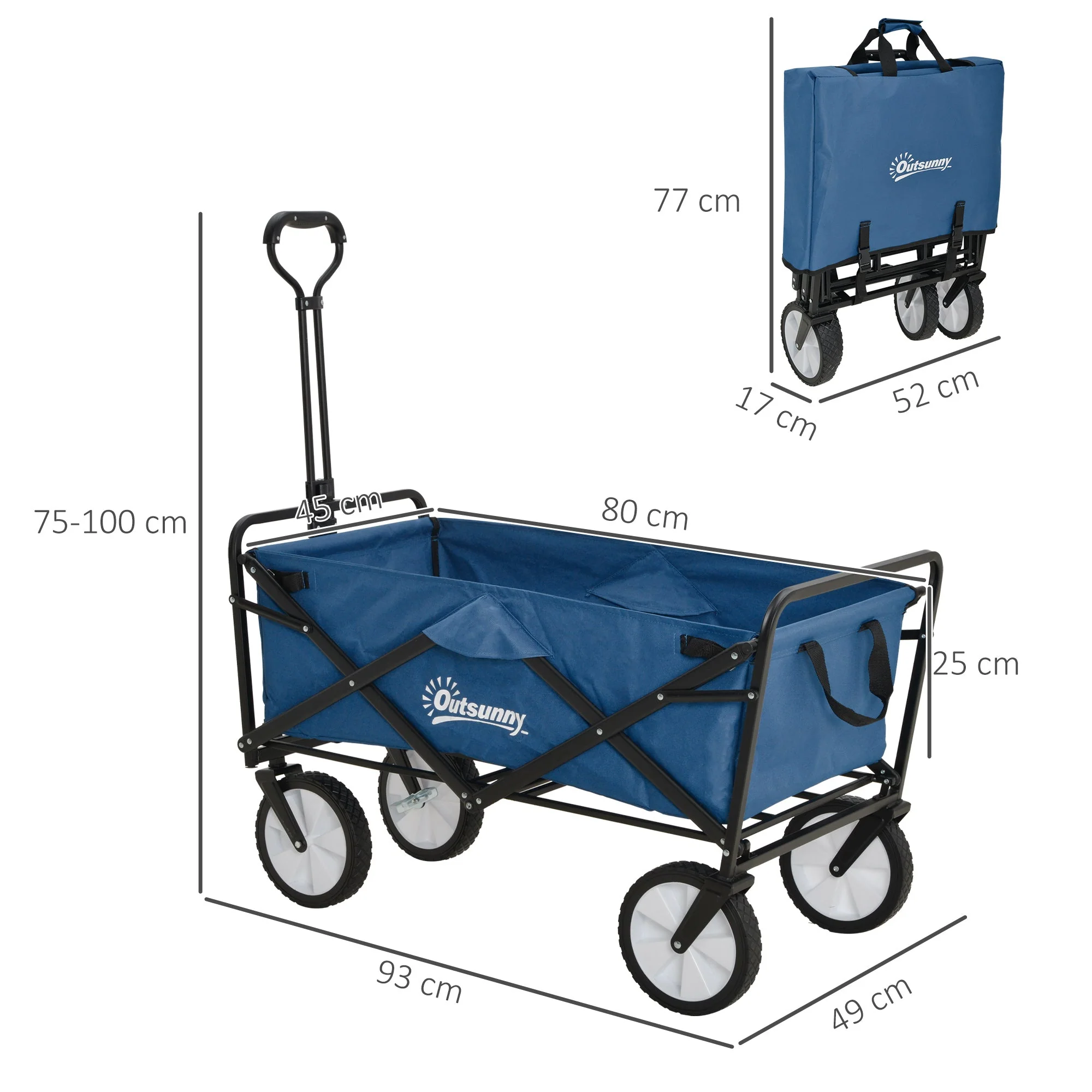 Pull Along Cart Folding Cargo Wagon Trailer Trolley for Beach Garden Use with Telescopic Handle - Navy Blue - Image 2