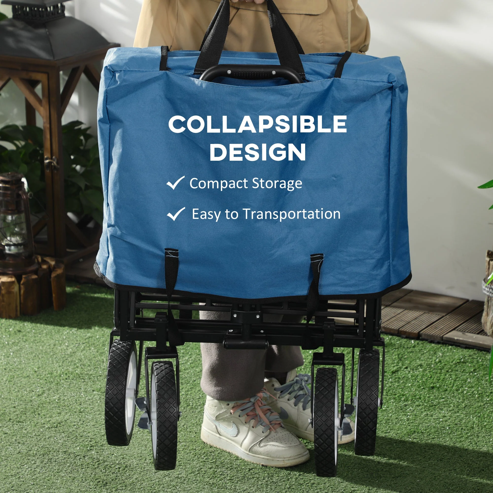 Pull Along Cart Folding Cargo Wagon Trailer Trolley for Beach Garden Use with Telescopic Handle - Navy Blue - Image 3