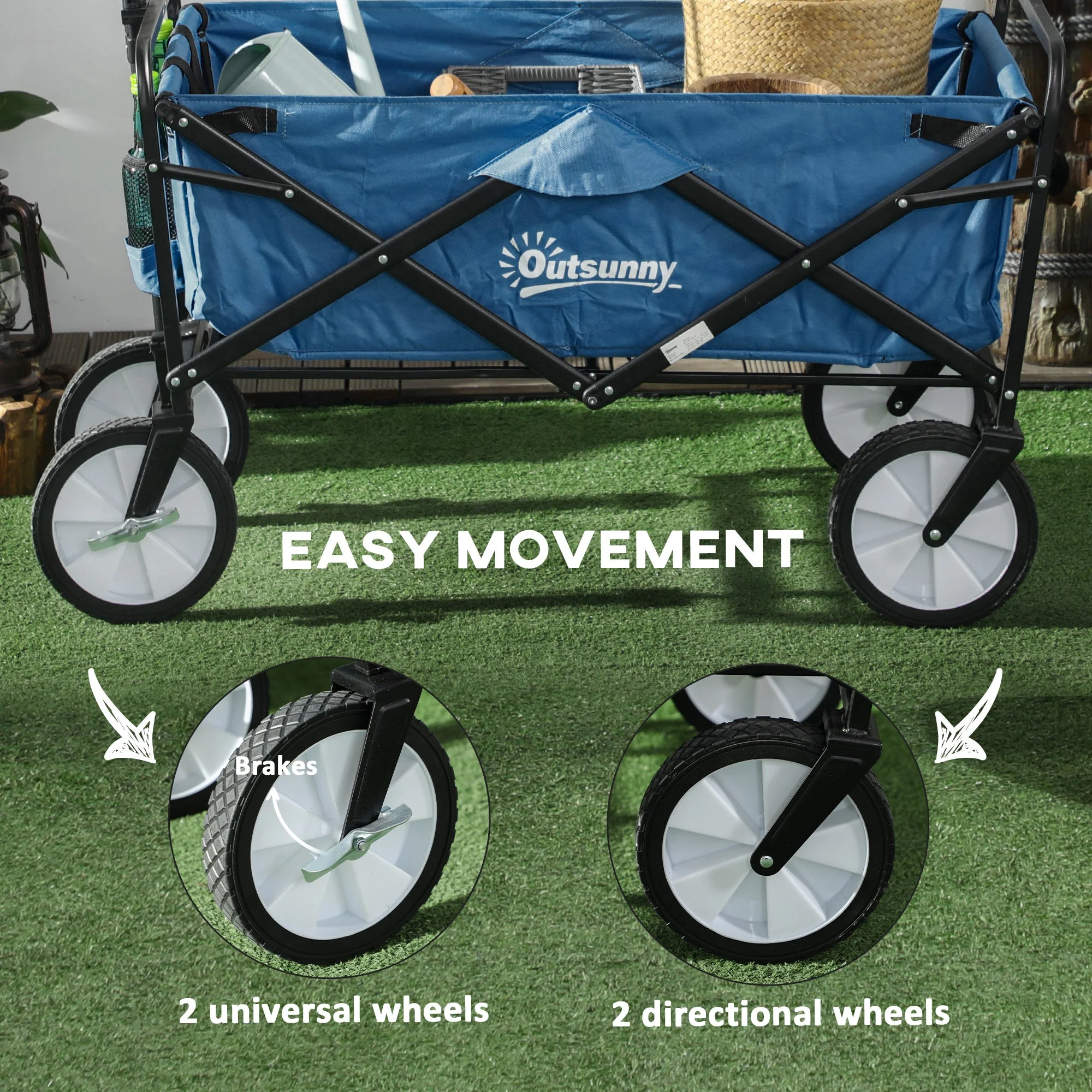 Pull Along Cart Folding Cargo Wagon Trailer Trolley for Beach Garden Use with Telescopic Handle - Navy Blue - Image 5