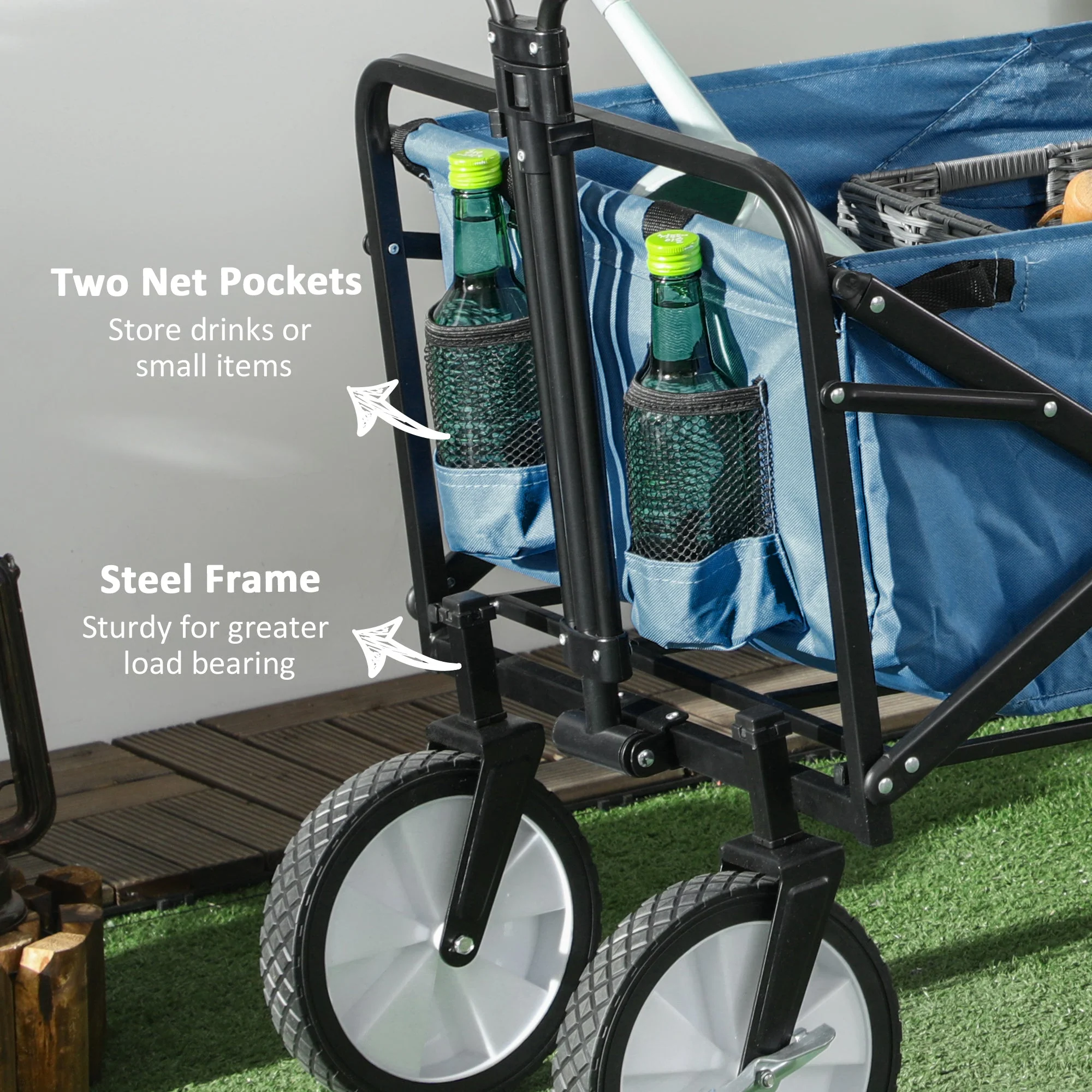 Pull Along Cart Folding Cargo Wagon Trailer Trolley for Beach Garden Use with Telescopic Handle - Navy Blue - Image 6