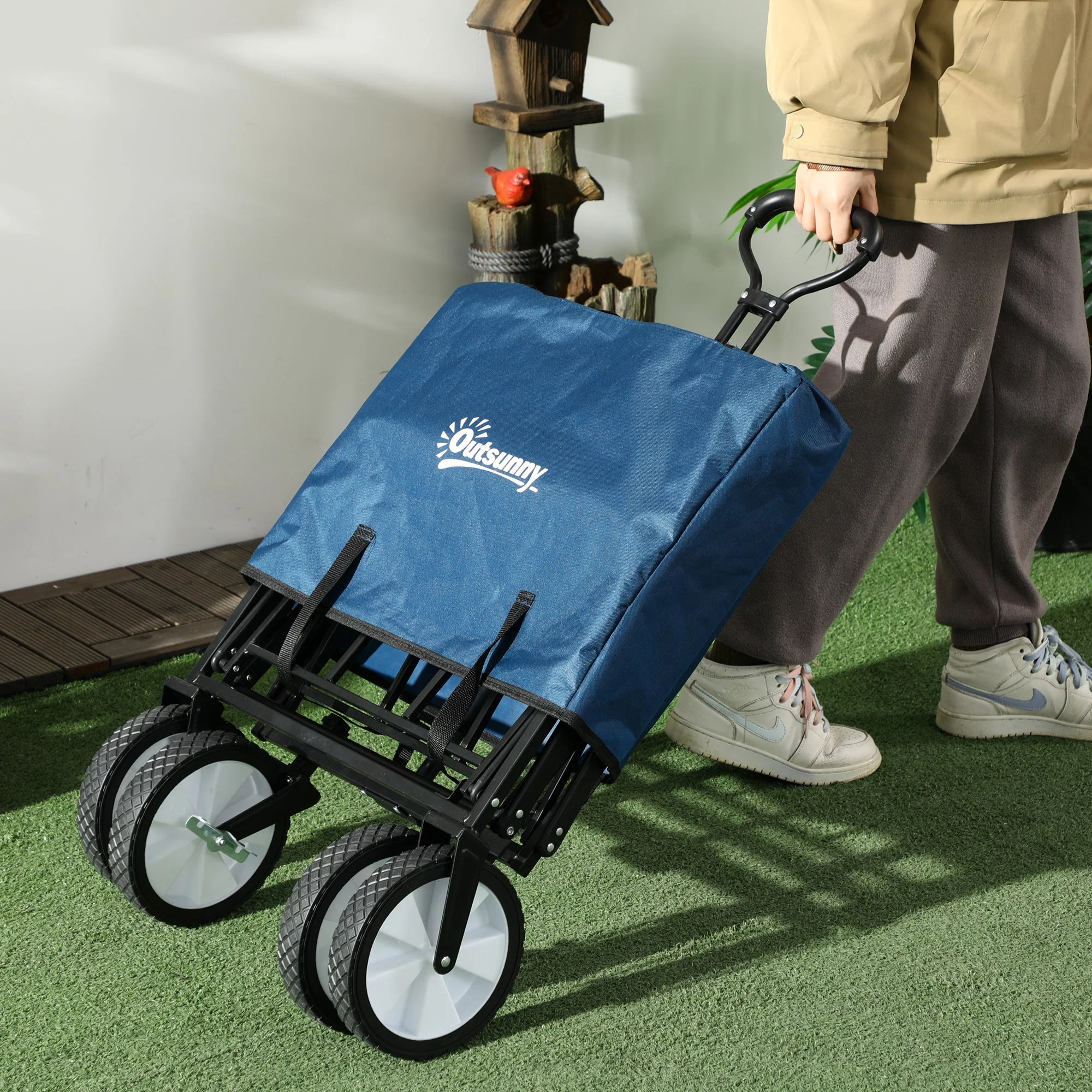 Pull Along Cart Folding Cargo Wagon Trailer Trolley for Beach Garden Use with Telescopic Handle - Navy Blue - Image 8