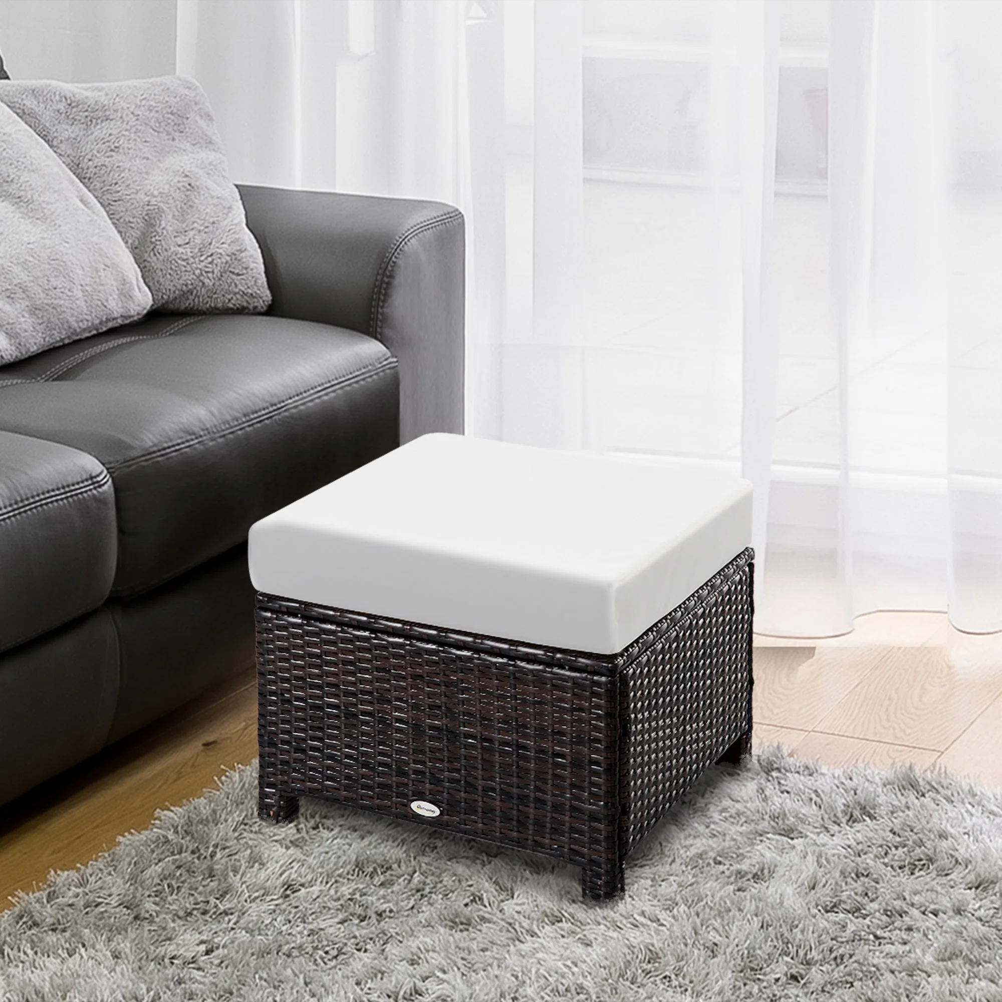 Rattan Footstool Wicker Ottoman with Padded Seat Cushion Outdoor Patio Furniture for Backyard Garden Poolside Living Room 50 x 50 x 35 cm Brown - Image 2