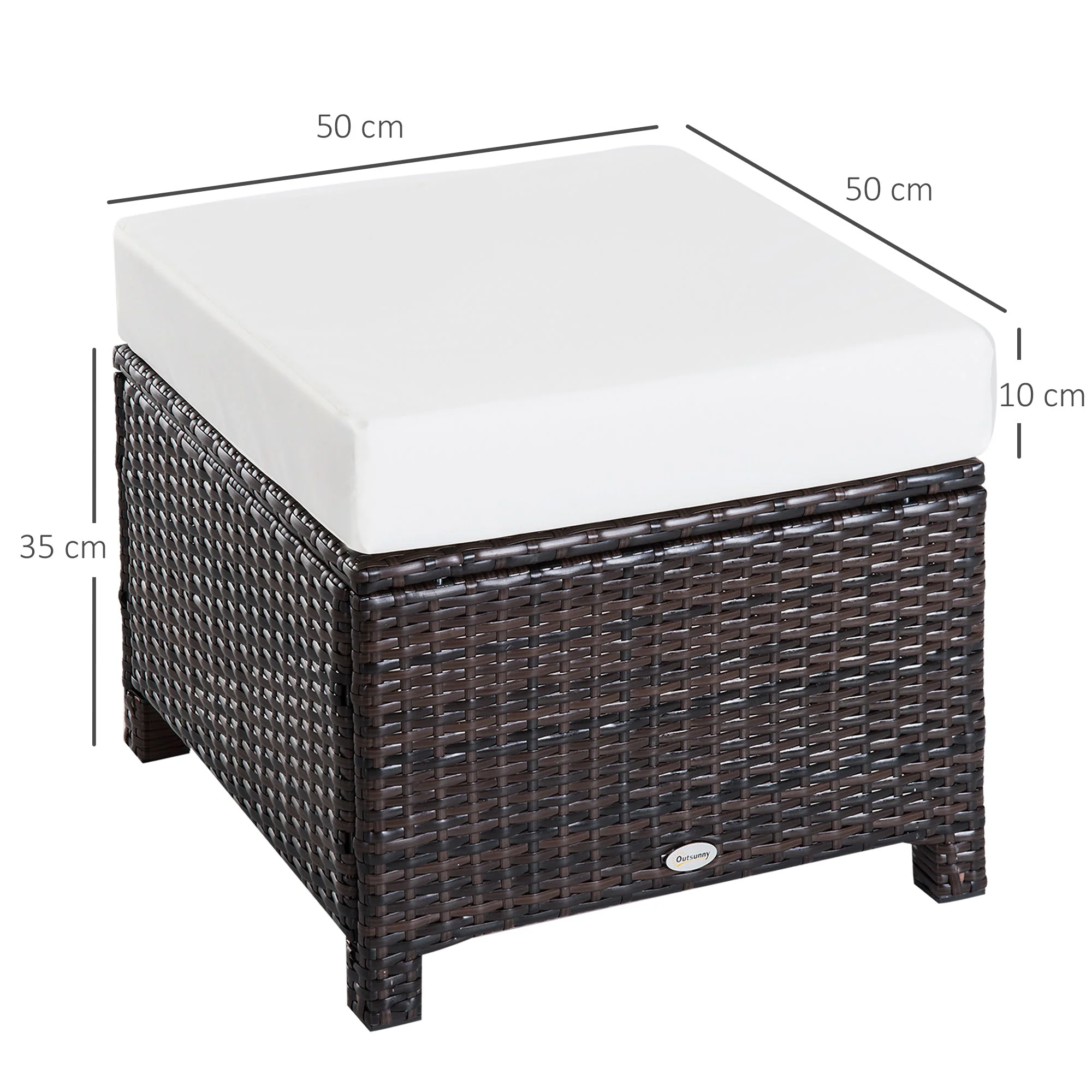 Rattan Footstool Wicker Ottoman with Padded Seat Cushion Outdoor Patio Furniture for Backyard Garden Poolside Living Room 50 x 50 x 35 cm Brown - Image 3