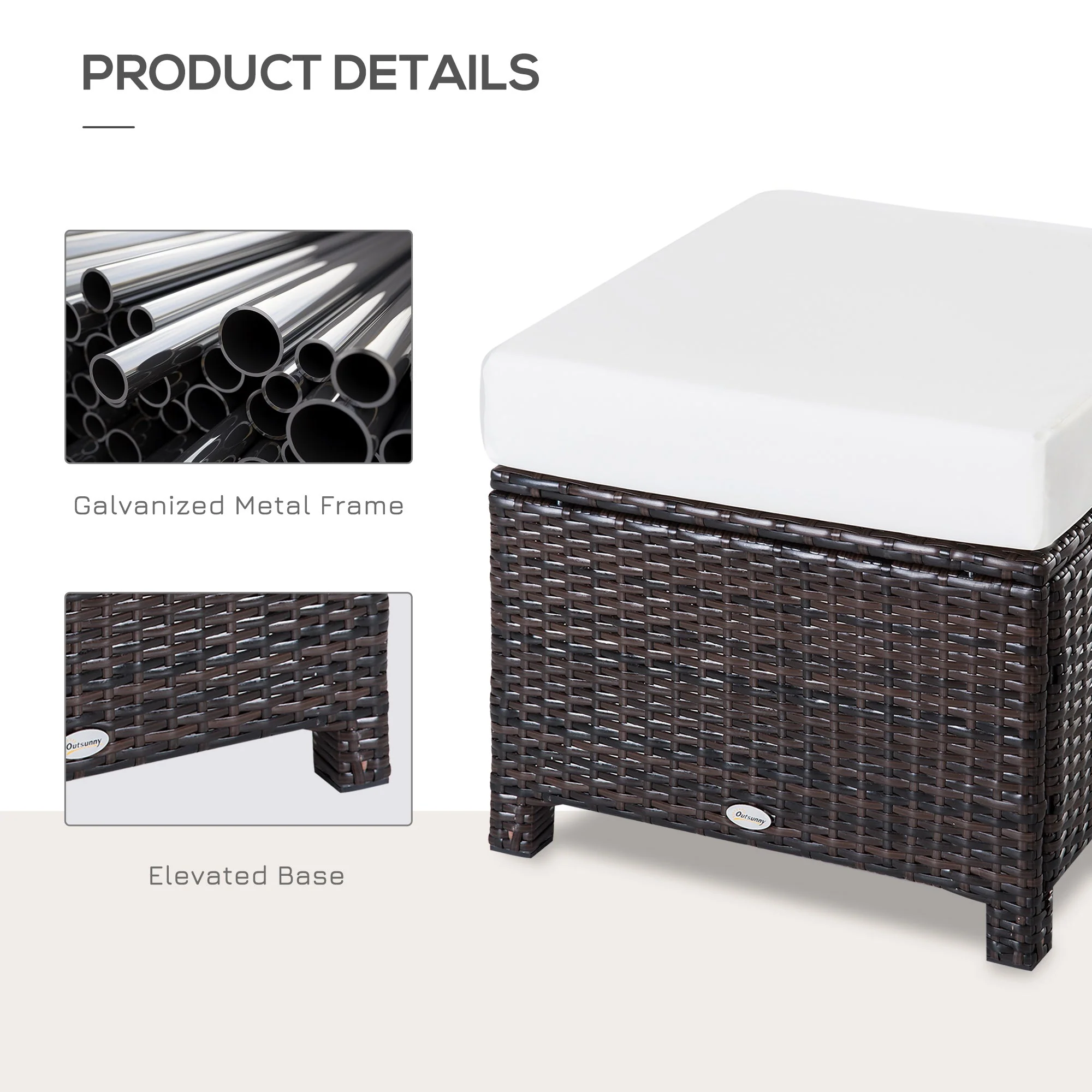 Rattan Footstool Wicker Ottoman with Padded Seat Cushion Outdoor Patio Furniture for Backyard Garden Poolside Living Room 50 x 50 x 35 cm Brown - Image 4