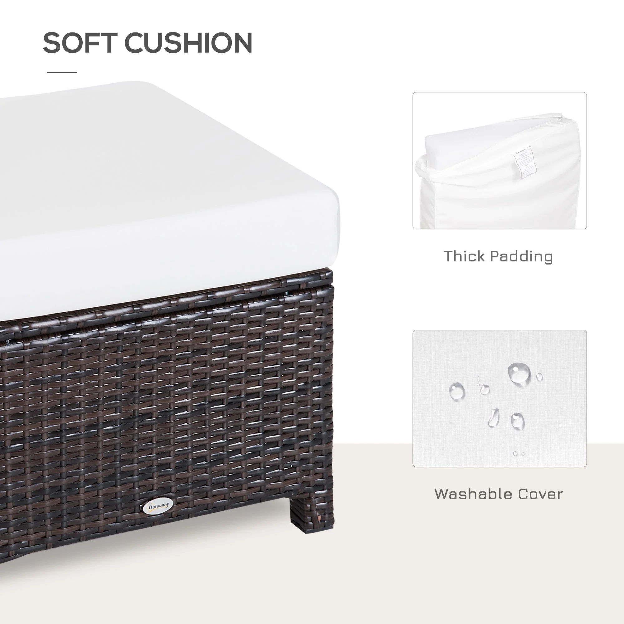 Rattan Footstool Wicker Ottoman with Padded Seat Cushion Outdoor Patio Furniture for Backyard Garden Poolside Living Room 50 x 50 x 35 cm Brown - Image 6