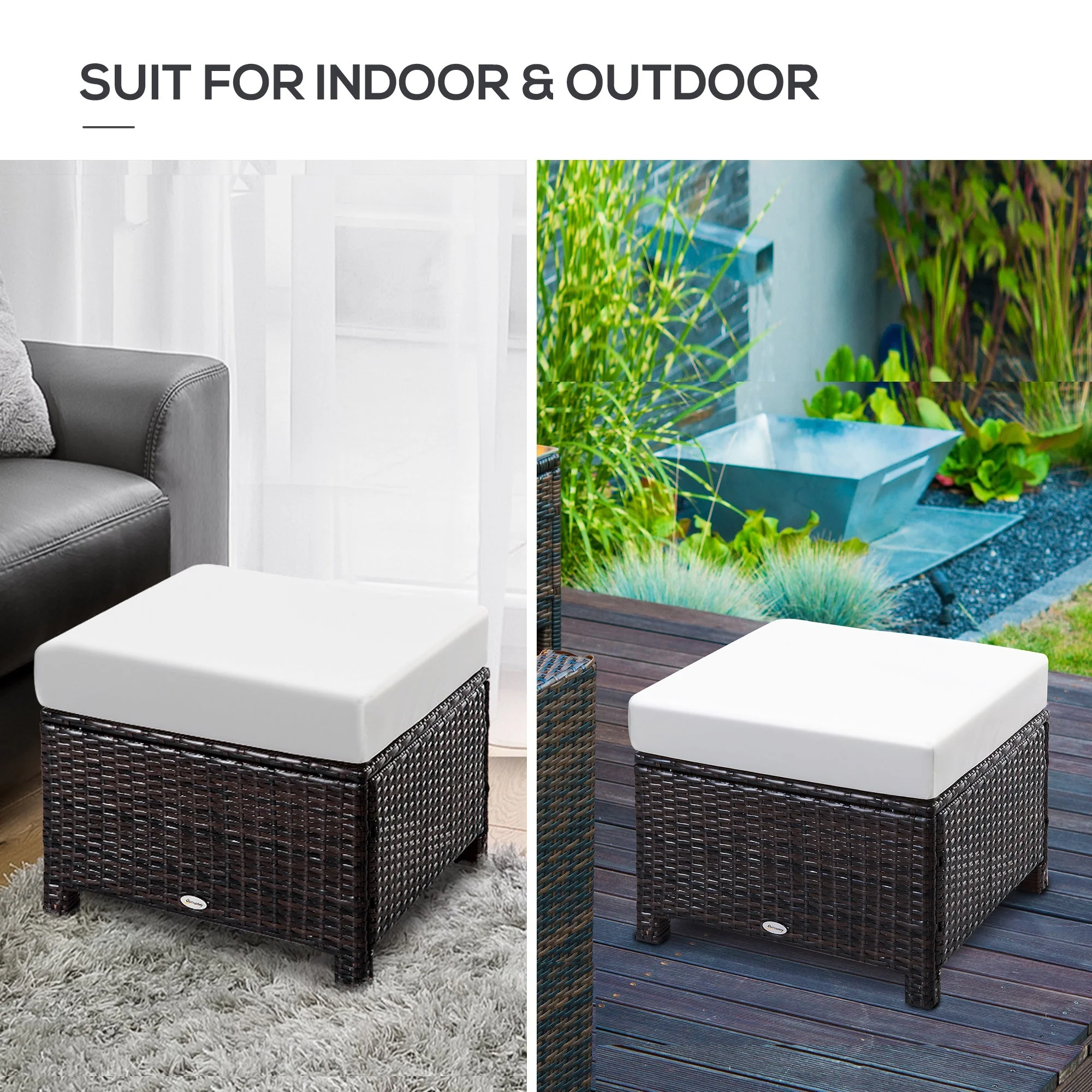 Rattan Footstool Wicker Ottoman with Padded Seat Cushion Outdoor Patio Furniture for Backyard Garden Poolside Living Room 50 x 50 x 35 cm Brown - Image 7