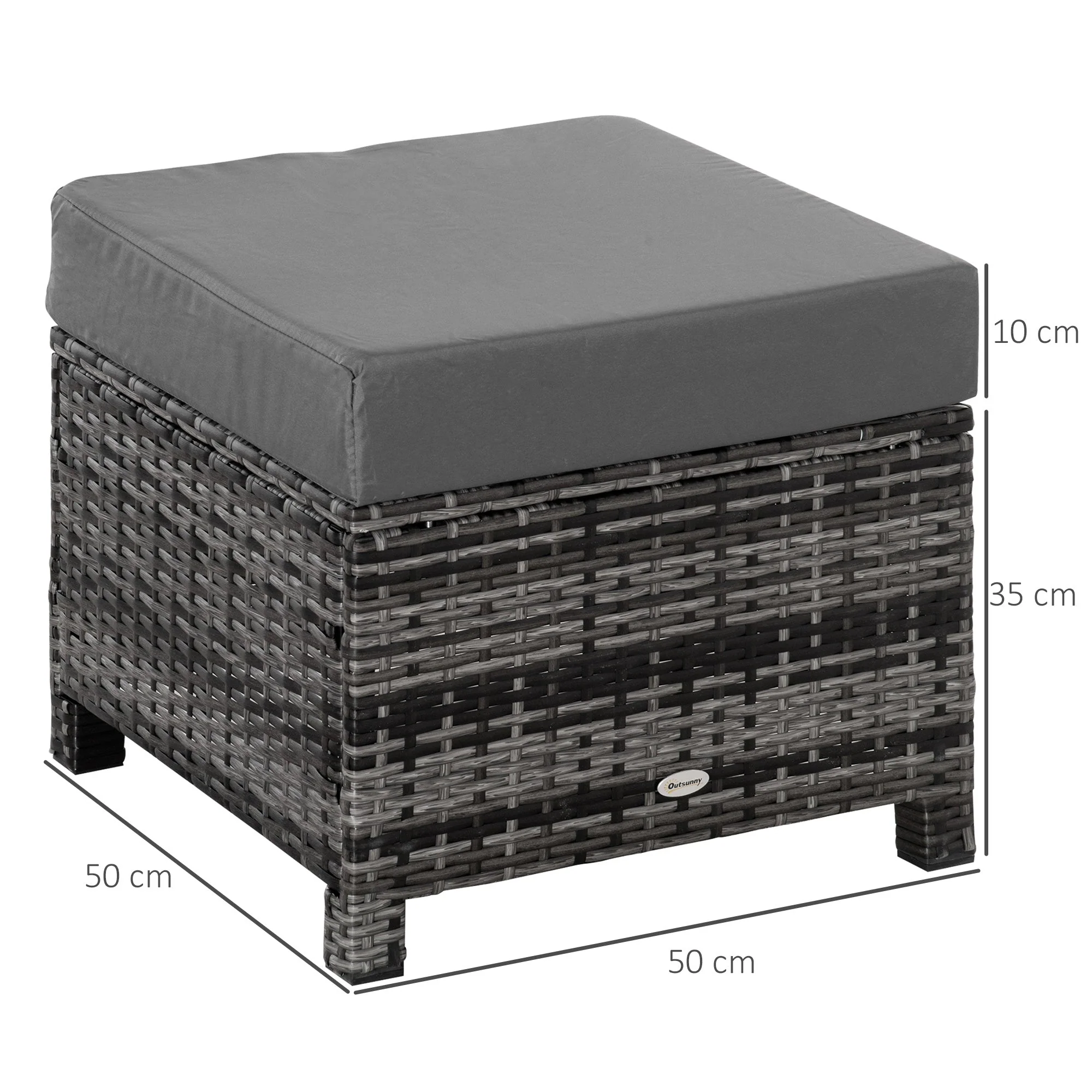Rattan Footstool Wicker Ottoman with Padded Seat Cushion Outdoor Patio Furniture for Backyard Garden Poolside Living Room 50 x 50 x 35 cm Grey - Image 2
