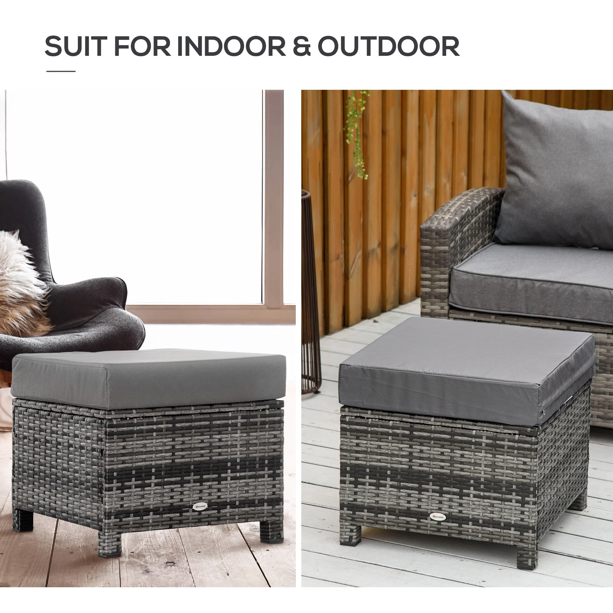 Rattan Footstool Wicker Ottoman with Padded Seat Cushion Outdoor Patio Furniture for Backyard Garden Poolside Living Room 50 x 50 x 35 cm Grey - Image 5