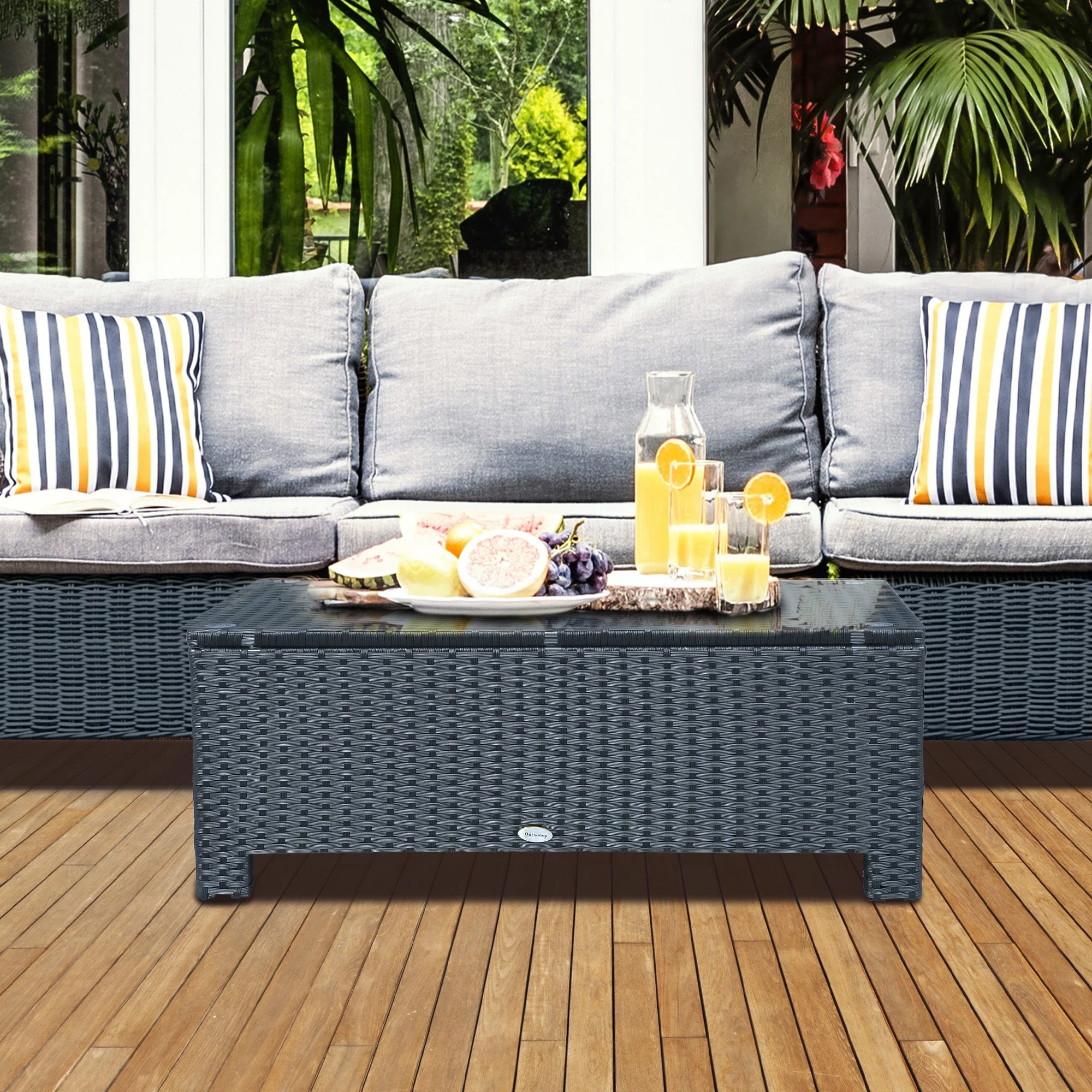 Rattan Garden Furniture Coffee Table Patio Iron Frame Tempered Glass Black - Image 2