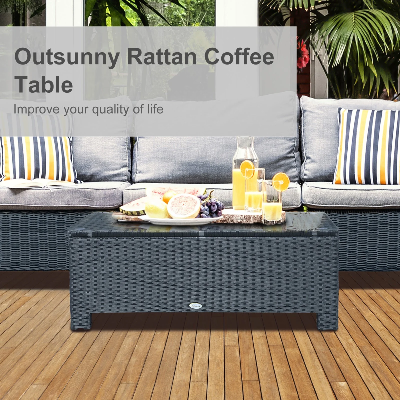 Rattan Garden Furniture Coffee Table Patio Iron Frame Tempered Glass Black - Image 4