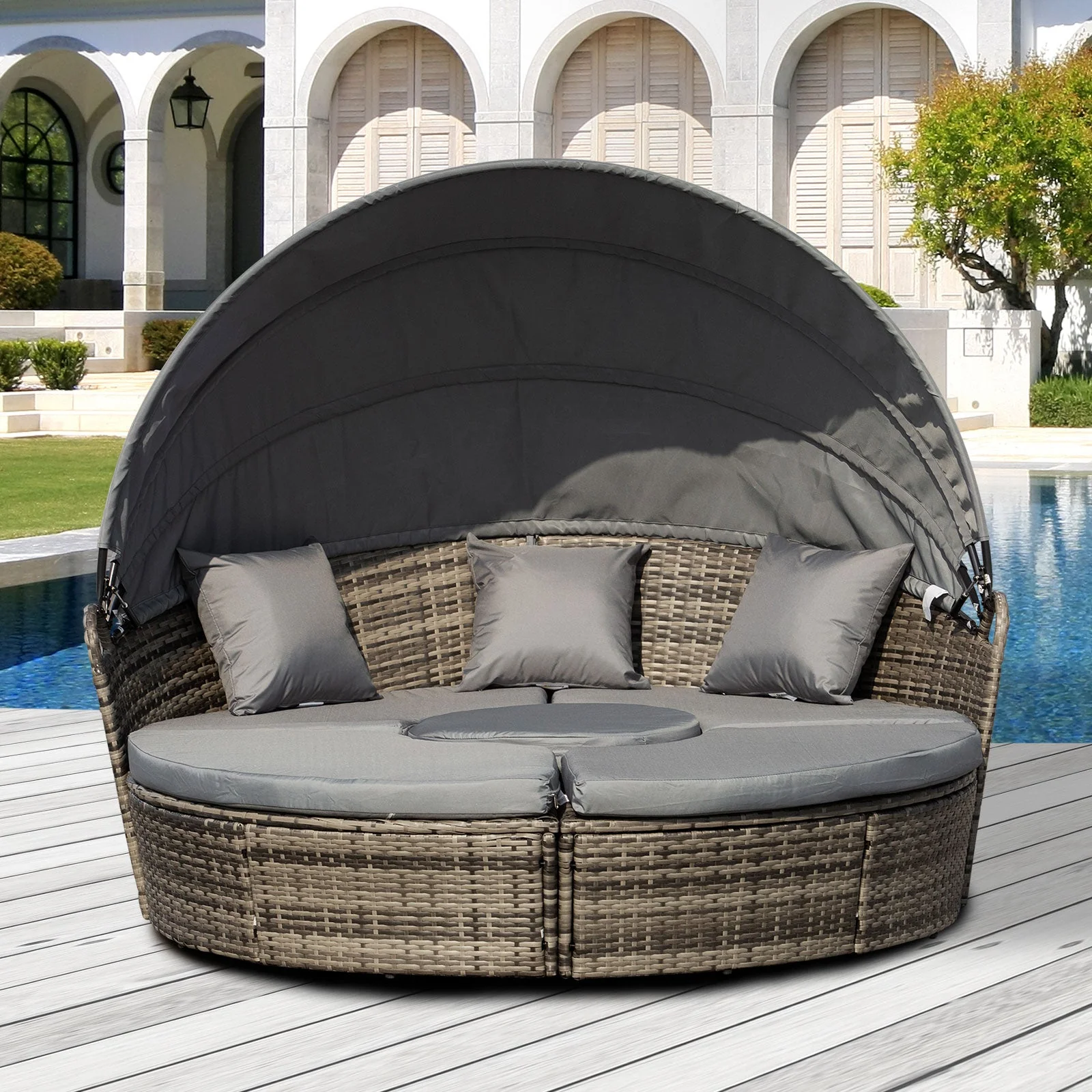 Rattan Garden Furniture Cushioned Wicker Round Sofa Bed with Coffee Table Patio Conversation Furniture Set - Grey - Image 2