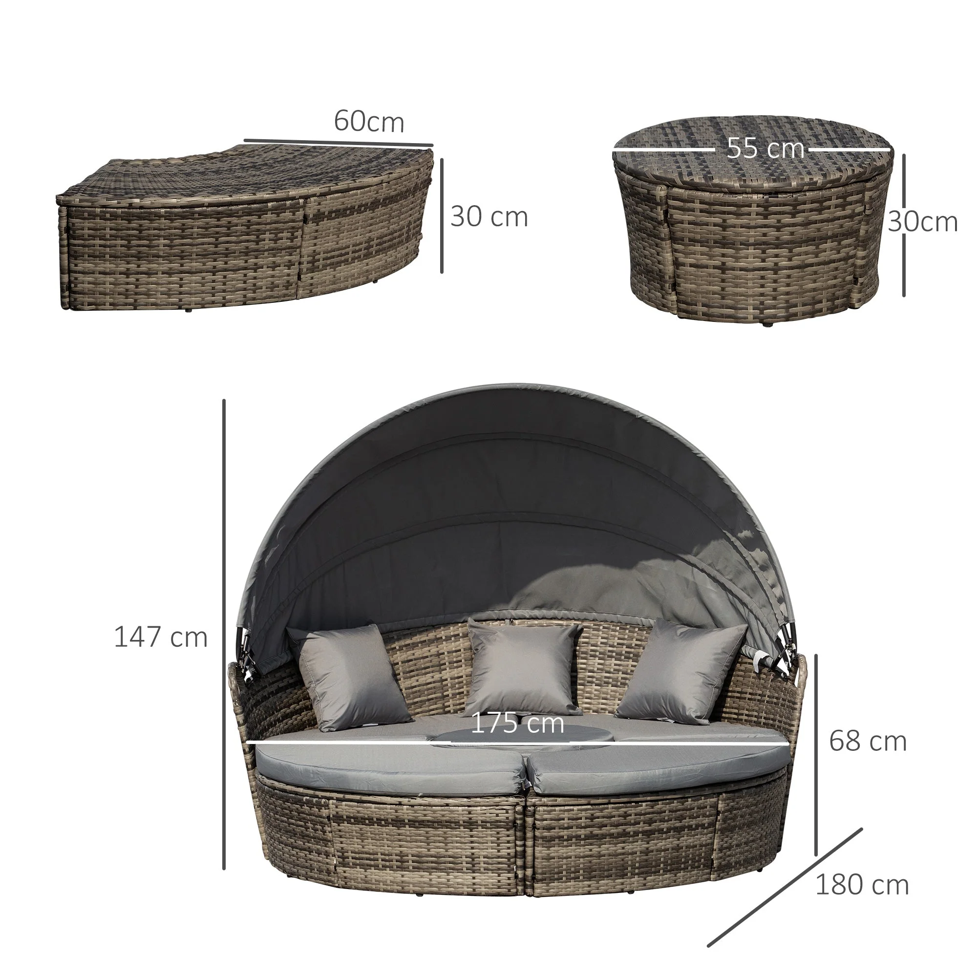 Rattan Garden Furniture Cushioned Wicker Round Sofa Bed with Coffee Table Patio Conversation Furniture Set - Grey - Image 3
