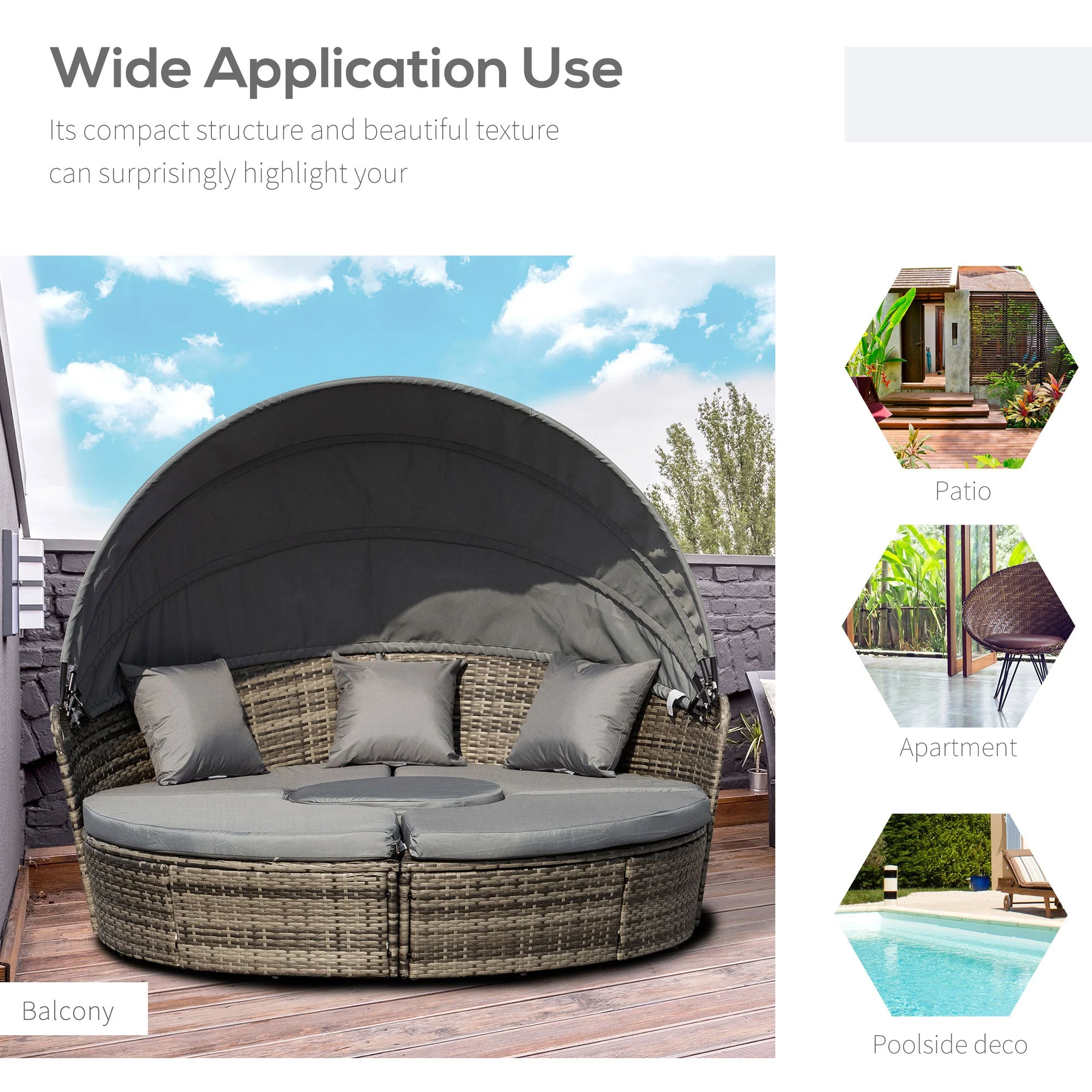 Rattan Garden Furniture Cushioned Wicker Round Sofa Bed with Coffee Table Patio Conversation Furniture Set - Grey - Image 4