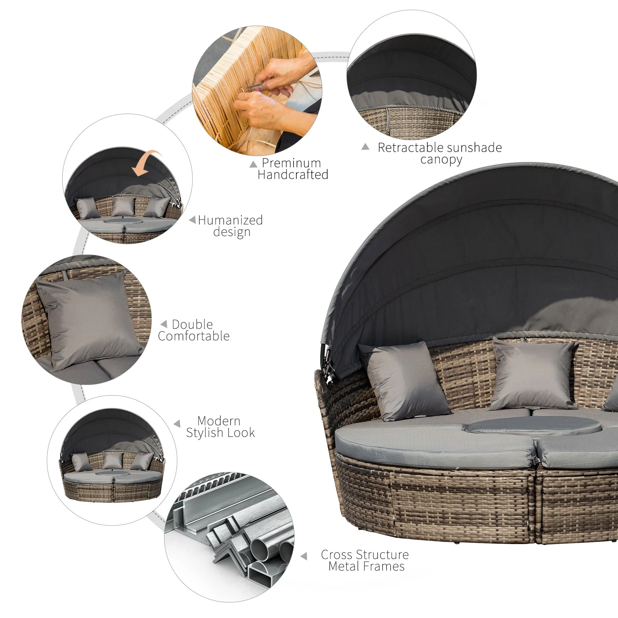 Rattan Garden Furniture Cushioned Wicker Round Sofa Bed with Coffee Table Patio Conversation Furniture Set - Grey - Image 5