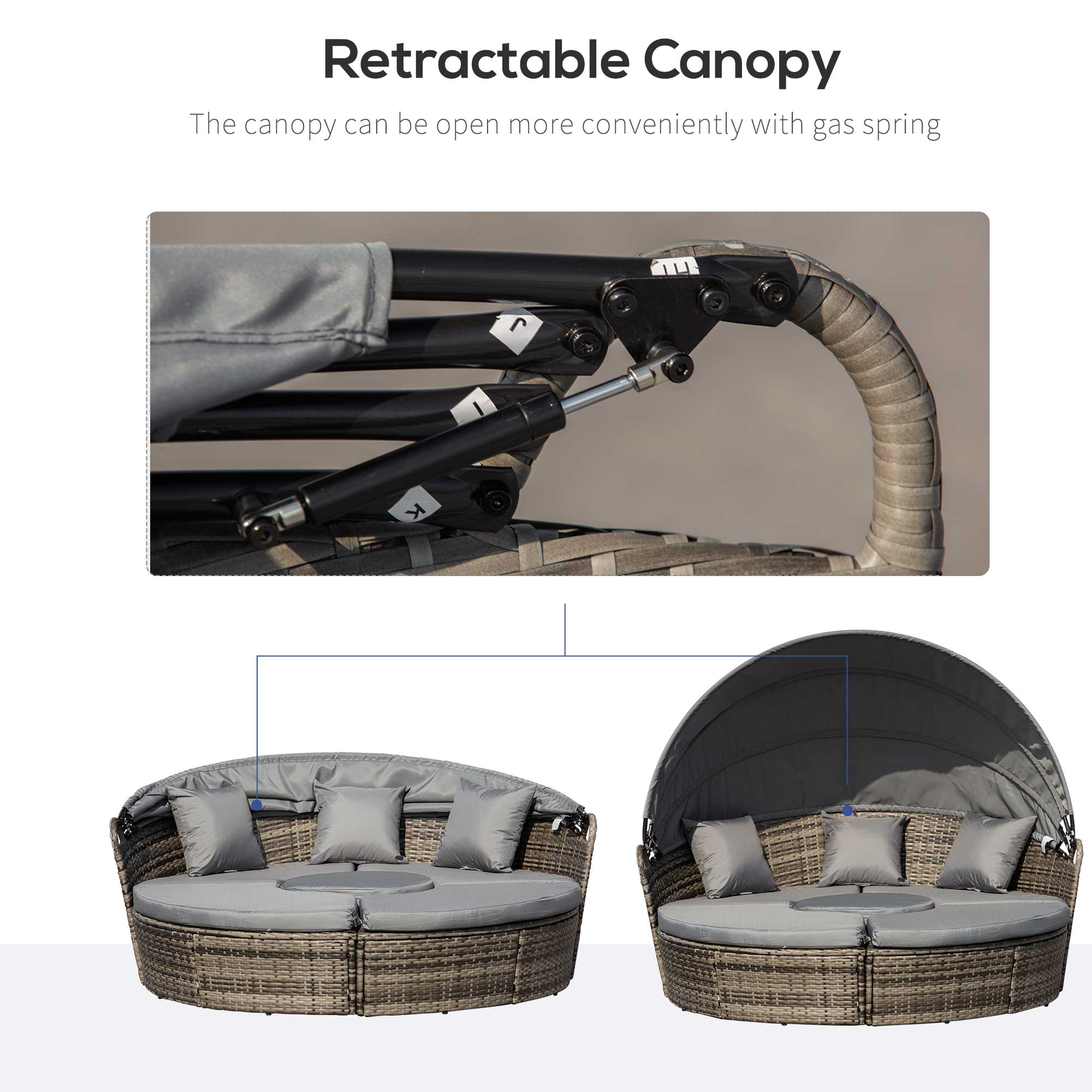 Rattan Garden Furniture Cushioned Wicker Round Sofa Bed with Coffee Table Patio Conversation Furniture Set - Grey - Image 6