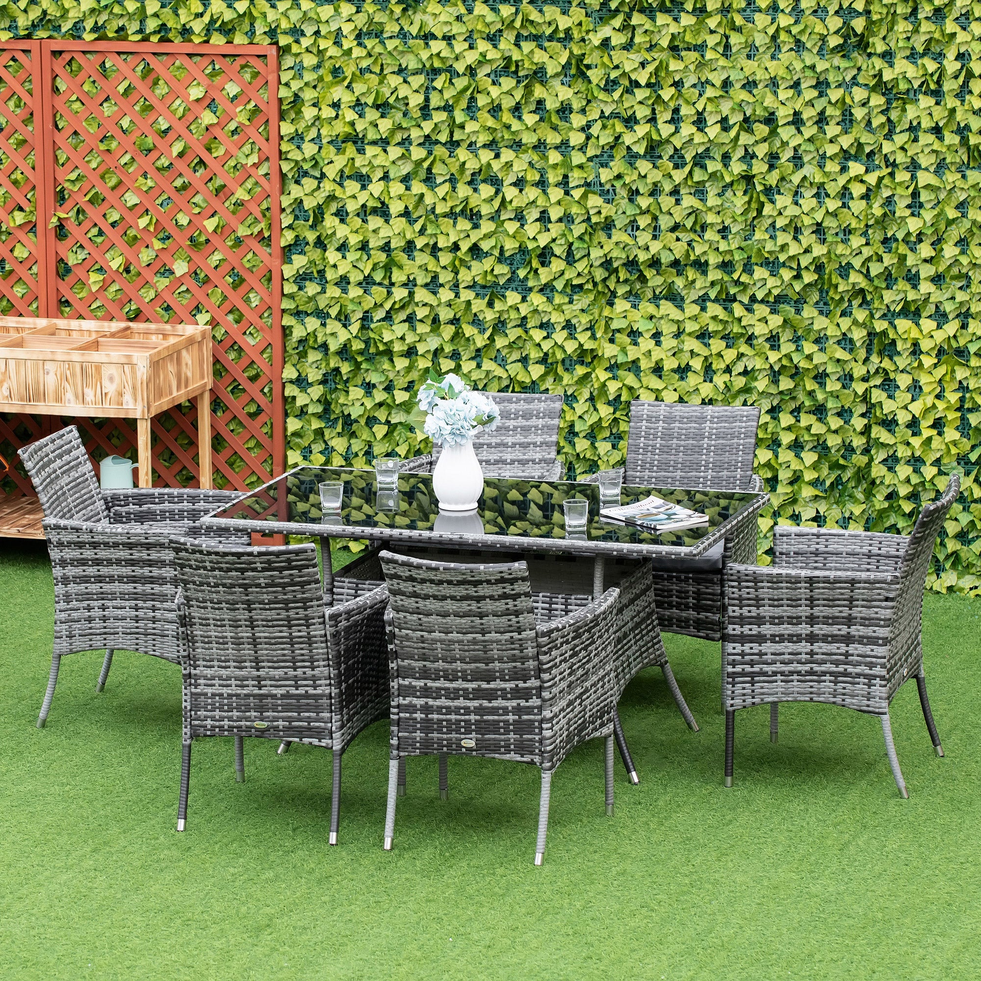 Rattan Garden Furniture Dining Set 6 Seater Patio Rectangular Table Cube Chairs Outdoor Fire Retardant Sponge Grey - Image 2