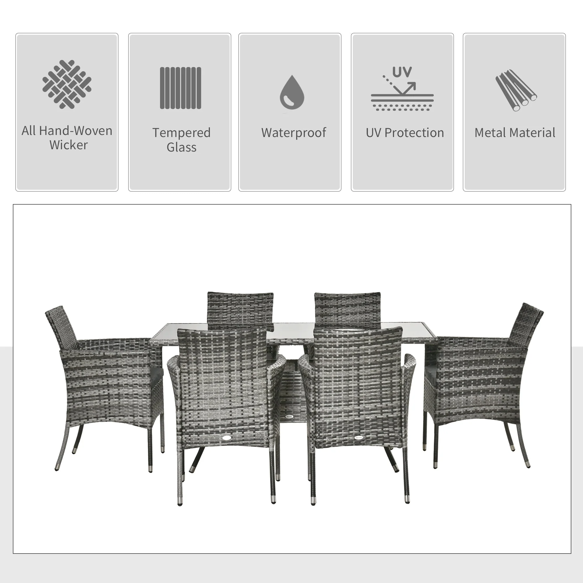 Rattan Garden Furniture Dining Set 6 Seater Patio Rectangular Table Cube Chairs Outdoor Fire Retardant Sponge Grey - Image 4