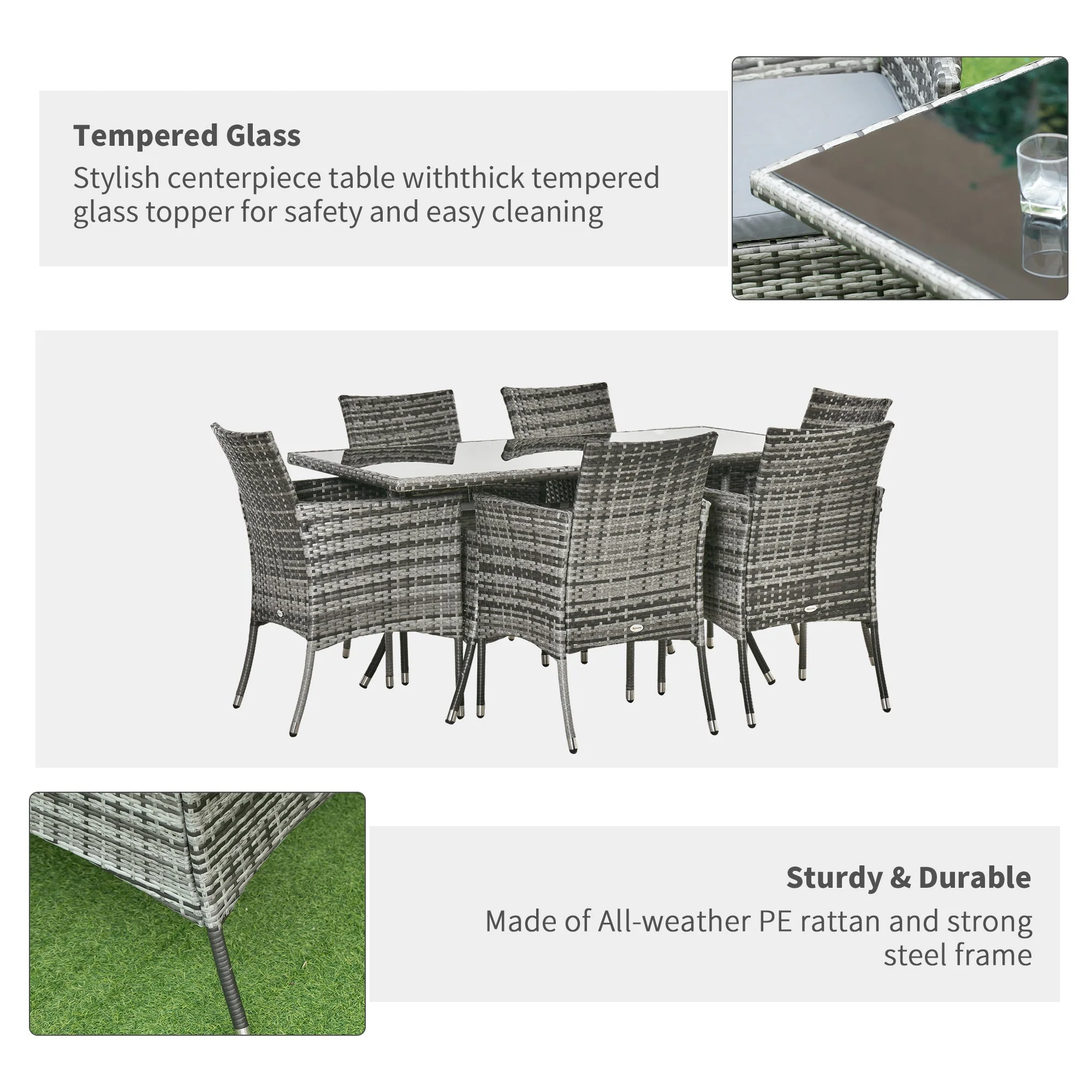 Rattan Garden Furniture Dining Set 6 Seater Patio Rectangular Table Cube Chairs Outdoor Fire Retardant Sponge Grey - Image 6