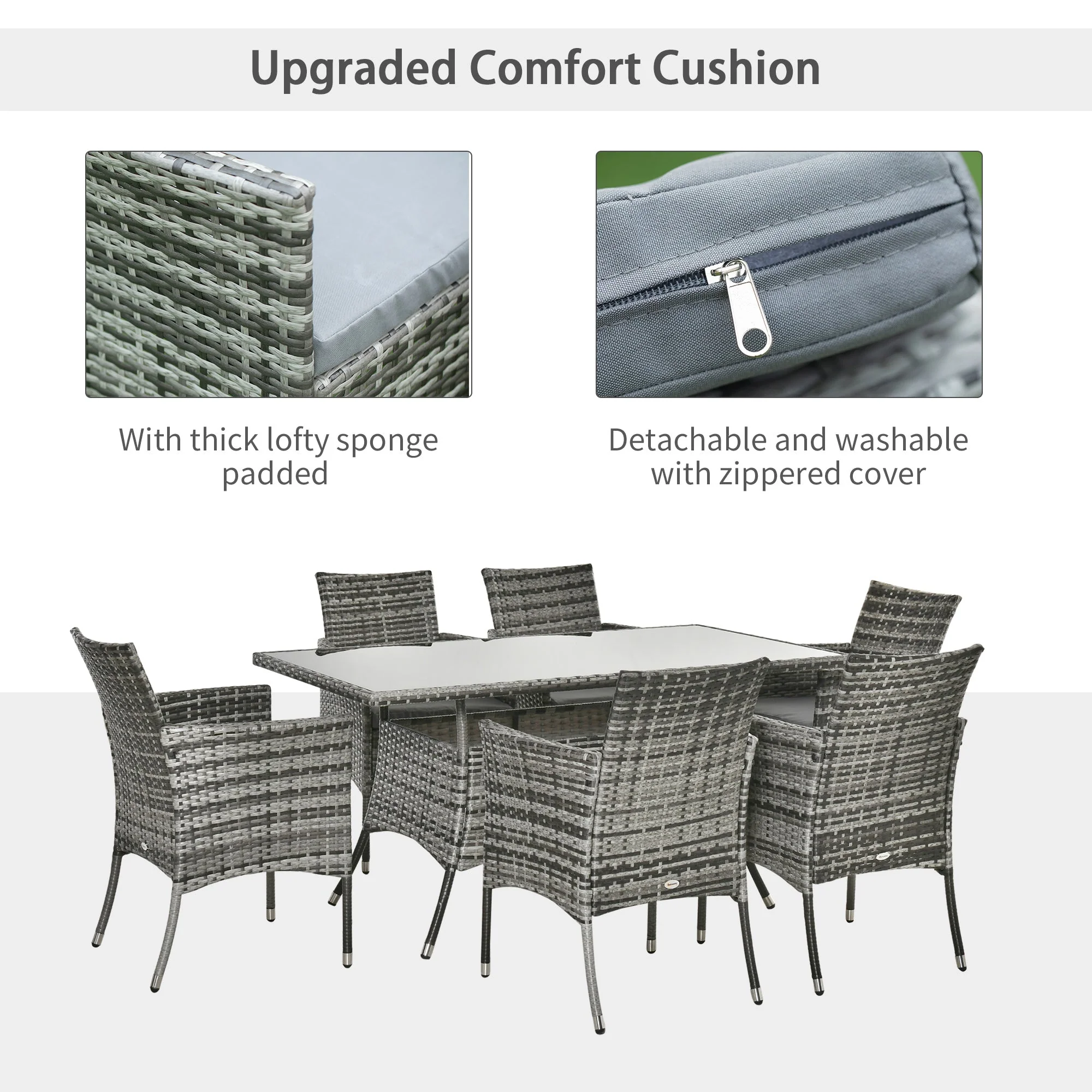 Rattan Garden Furniture Dining Set 6 Seater Patio Rectangular Table Cube Chairs Outdoor Fire Retardant Sponge Grey - Image 7