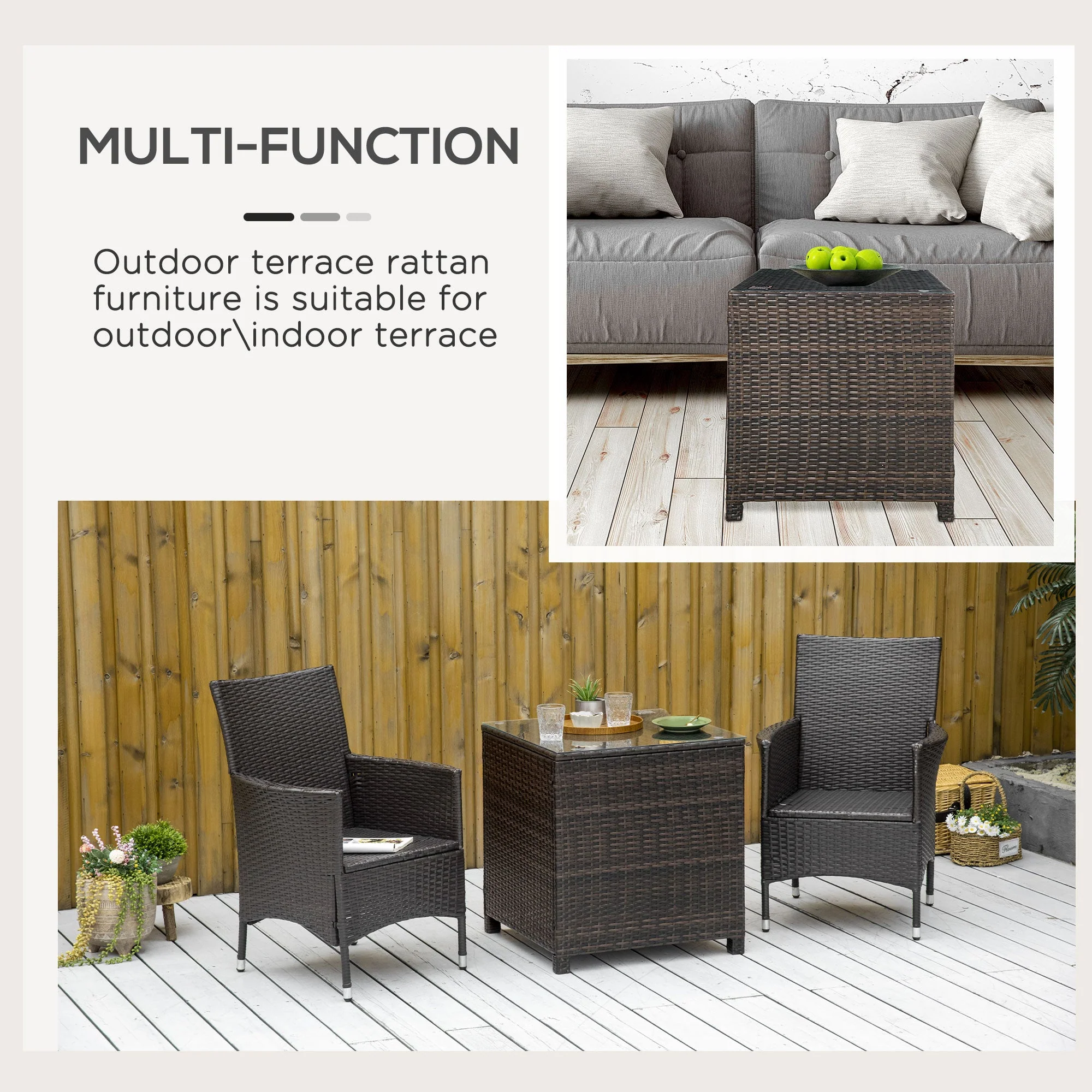 Rattan Garden Furniture Side Table Patio Frame Tempered Glass New - Brown - Image 5