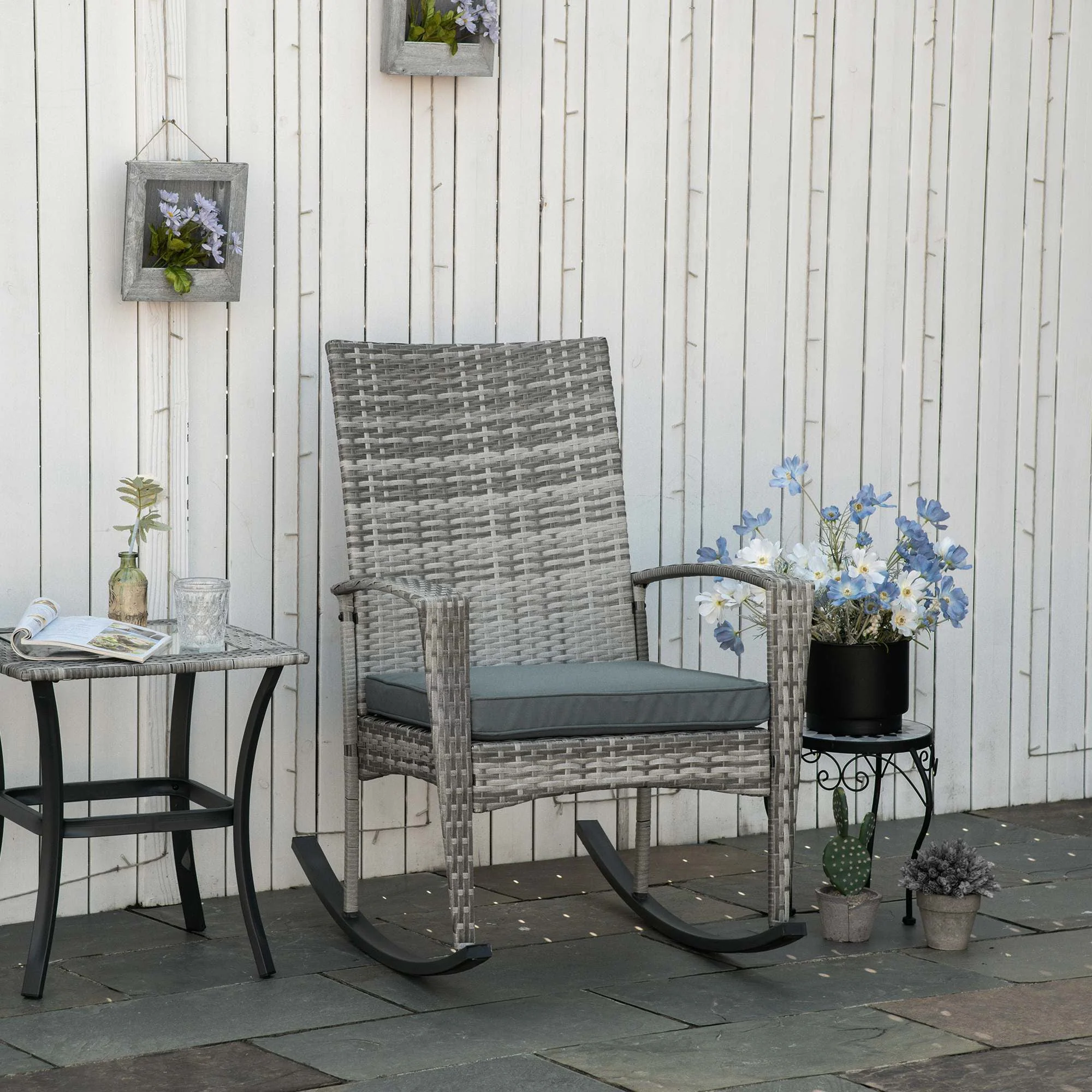 Rattan Rocking Chair Rocker Garden Furniture Seater Patio Bistro Relaxer Outdoor Wicker Weave with Cushion - Light Grey - Image 2