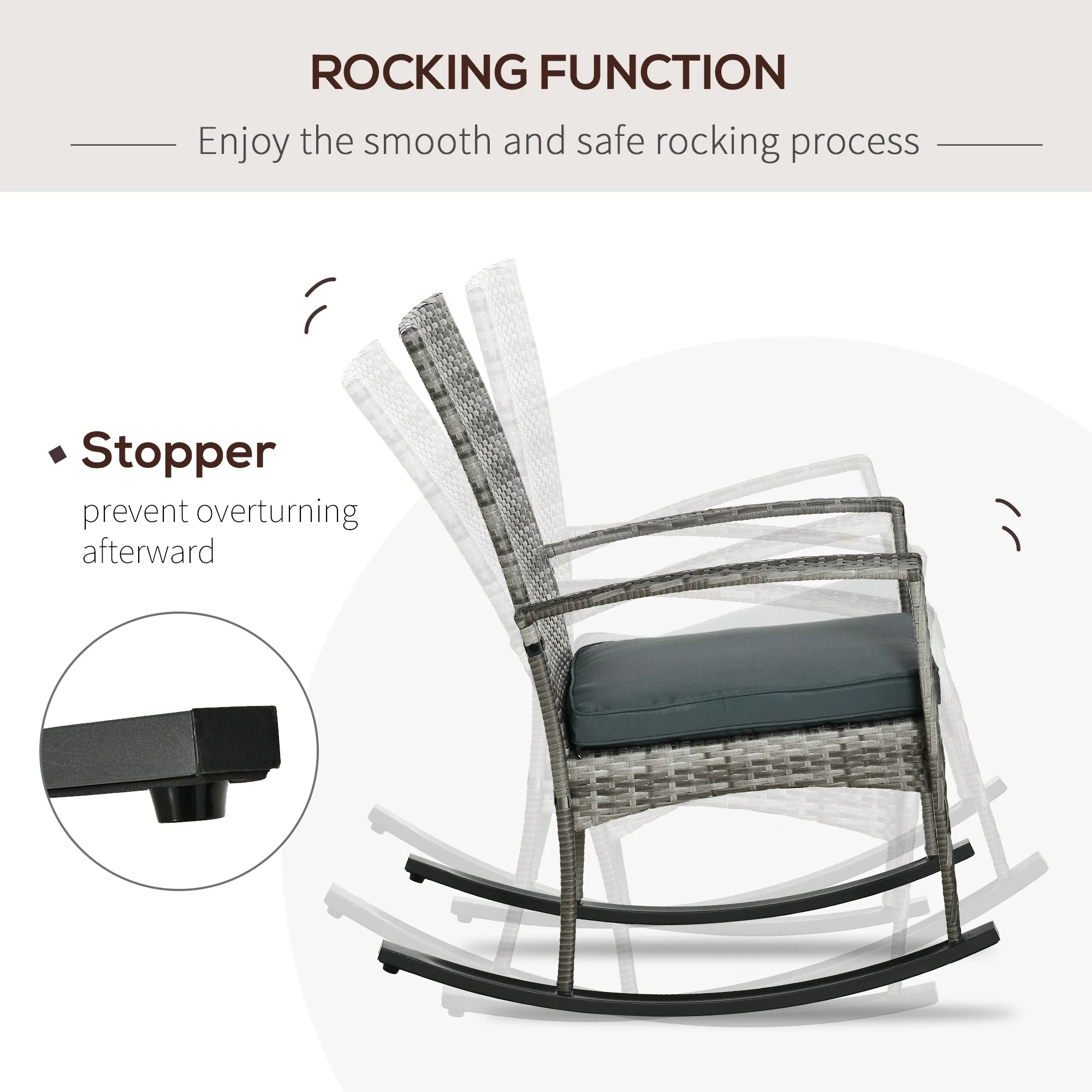Rattan Rocking Chair Rocker Garden Furniture Seater Patio Bistro Relaxer Outdoor Wicker Weave with Cushion - Light Grey - Image 4
