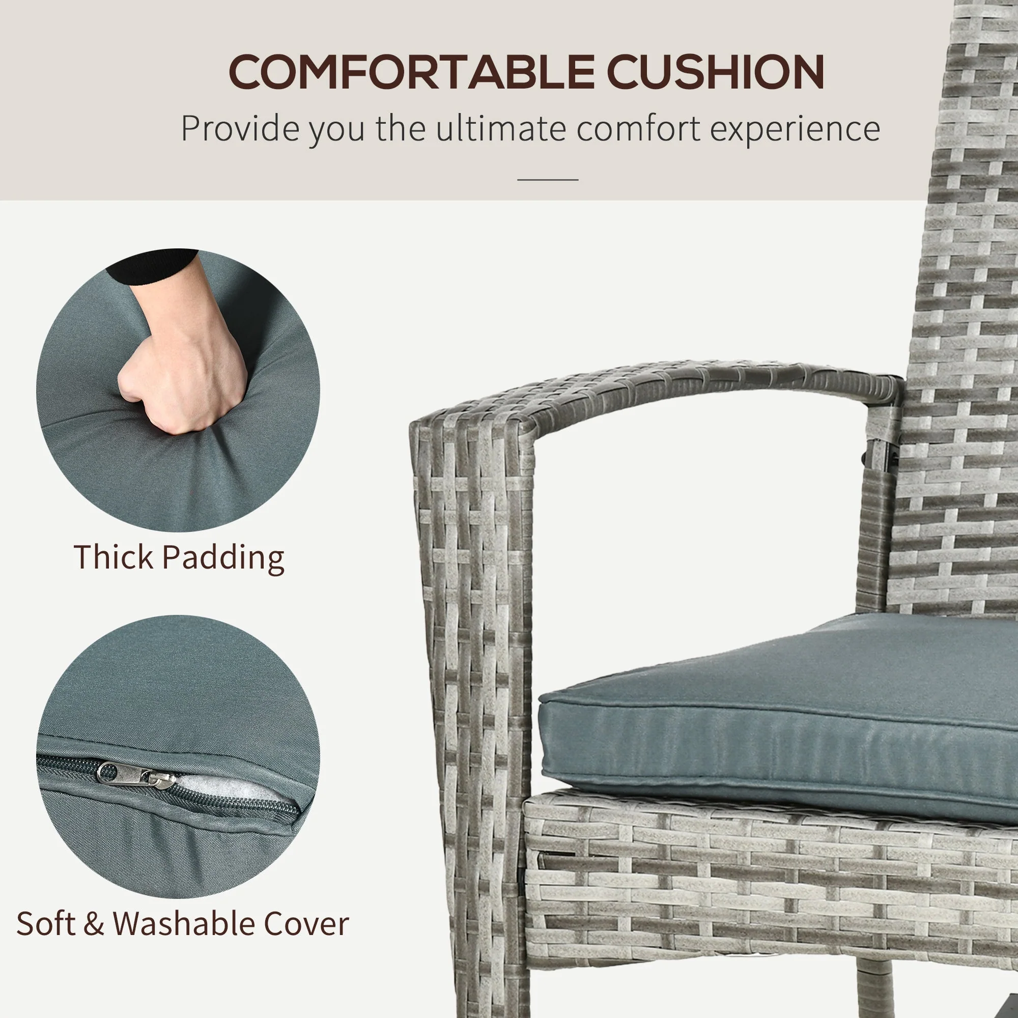 Rattan Rocking Chair Rocker Garden Furniture Seater Patio Bistro Relaxer Outdoor Wicker Weave with Cushion - Light Grey - Image 5