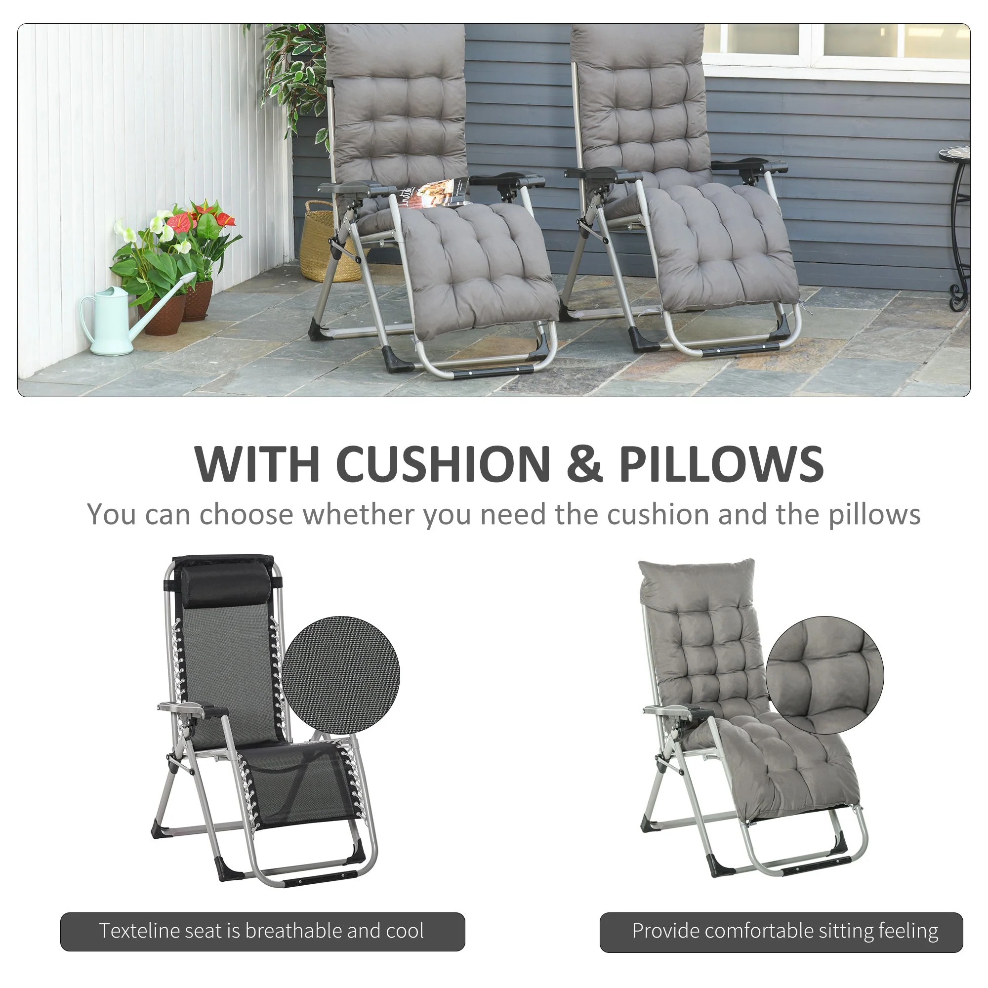 Reclining 2-Piece Zero Gravity Chair Folding Garden Sun Lounger Cushion Headrest - Image 3