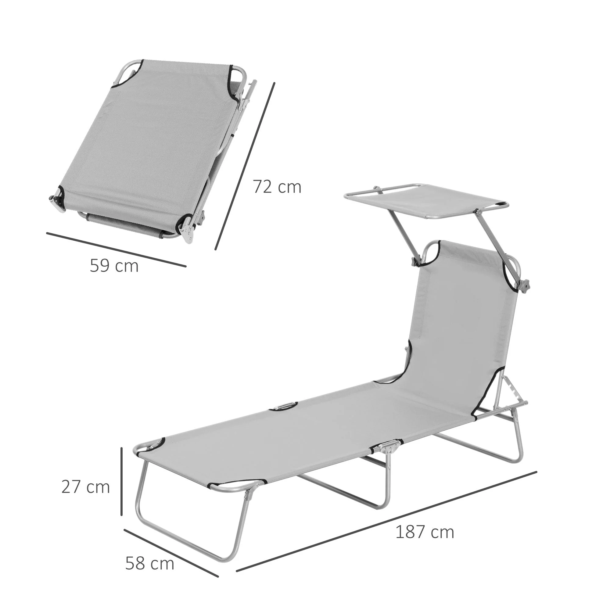 Reclining Chair Folding Lounger Seat Sun Lounger with Sun Shade Awning Beach Garden Outdoor Patio Recliner Adjustable - Image 2