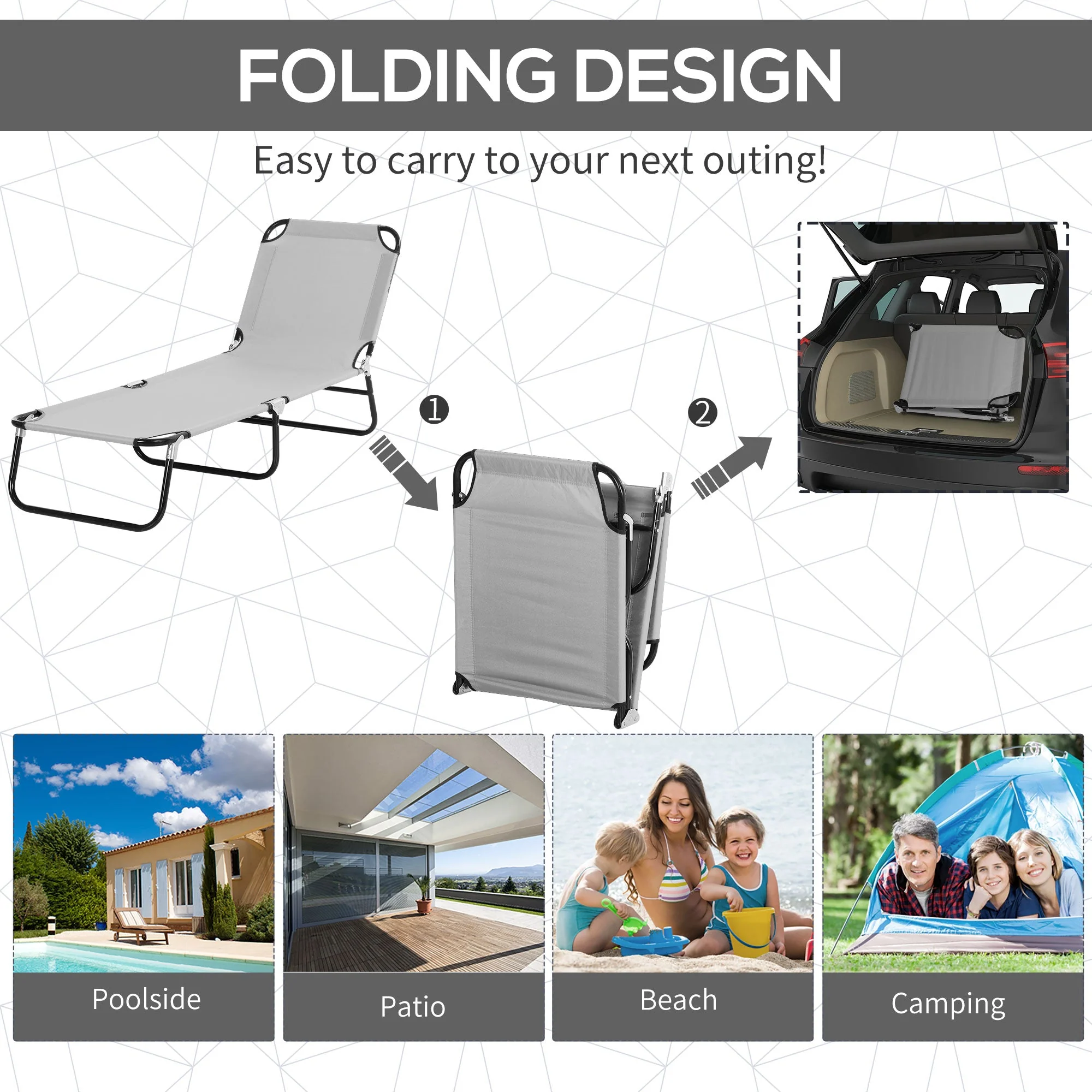 Reclining Chair Folding Lounger Seat Sun Lounger with Sun Shade Awning Beach Garden Outdoor Patio Recliner Adjustable - Image 3