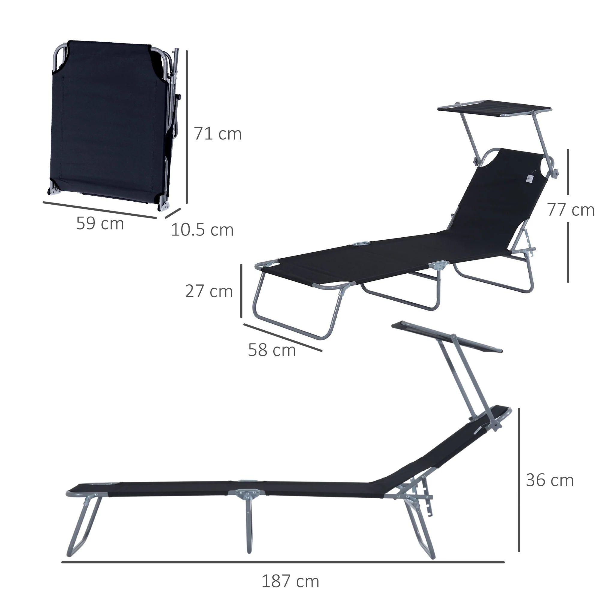 Reclining Chair Sun Lounger Folding Lounger Seat with Sun Shade Awning Beach Garden Outdoor Patio Recliner Adjustable Black - Image 2