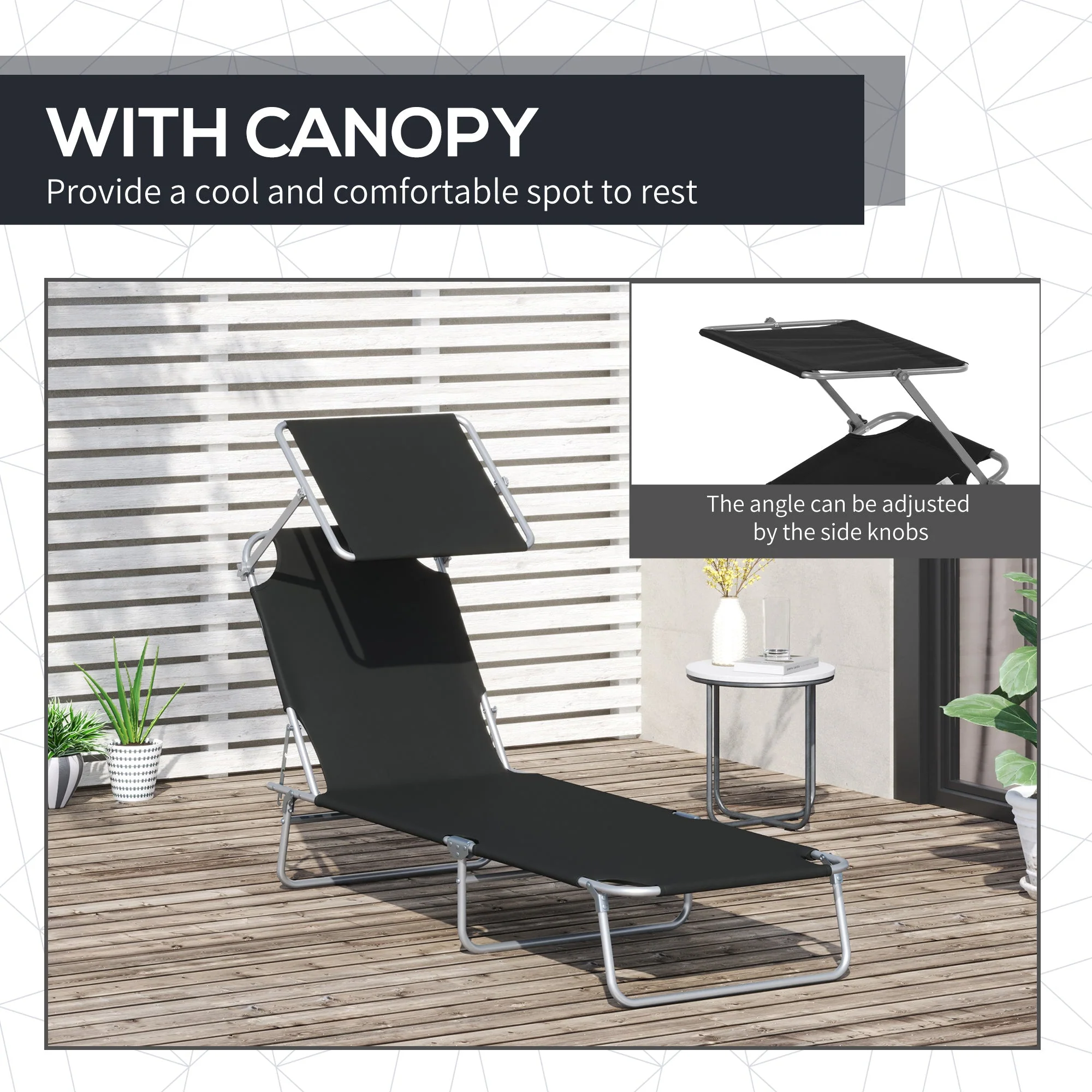 Reclining Chair Sun Lounger Folding Lounger Seat with Sun Shade Awning Beach Garden Outdoor Patio Recliner Adjustable Black - Image 5