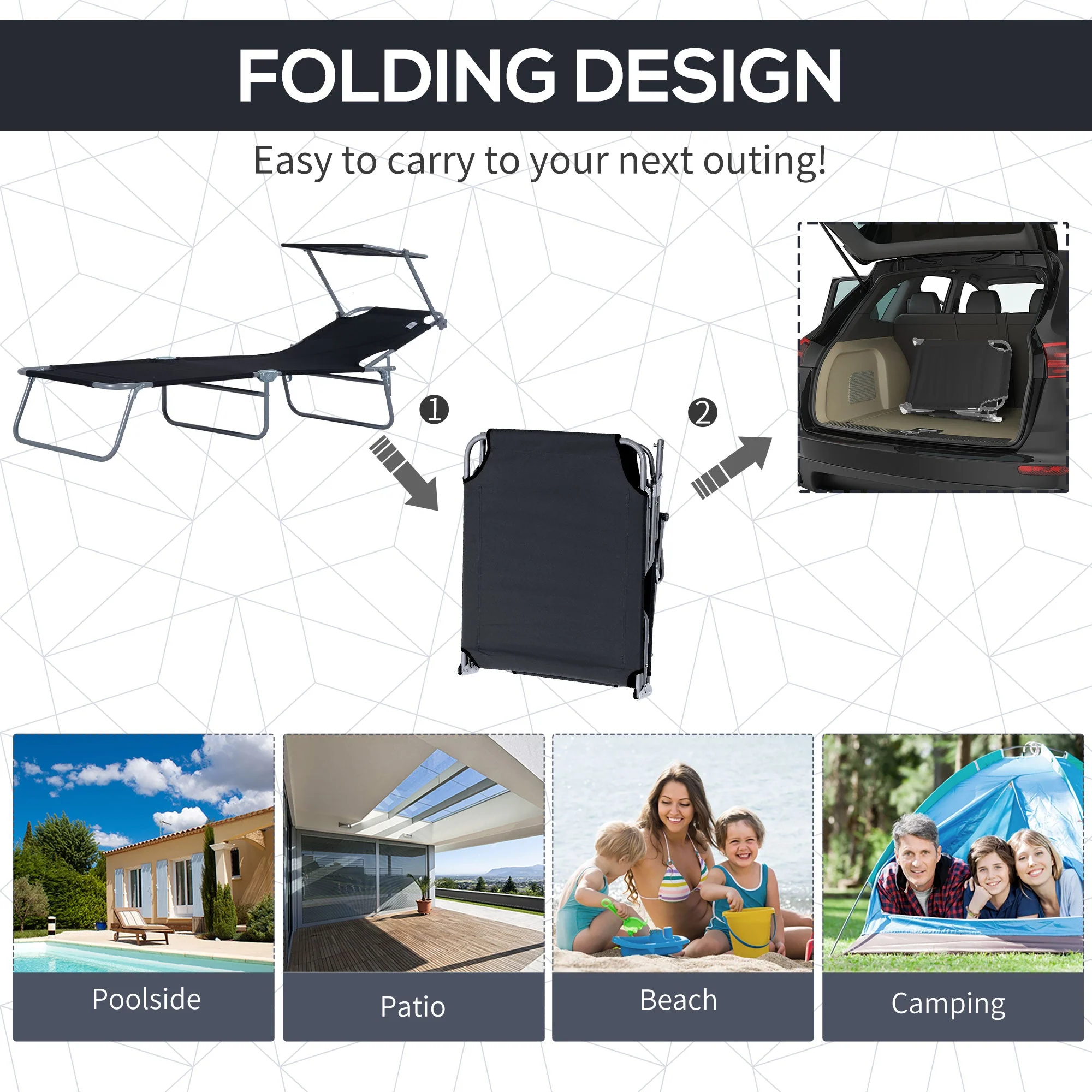 Reclining Chair Sun Lounger Folding Lounger Seat with Sun Shade Awning Beach Garden Outdoor Patio Recliner Adjustable Black - Image 6