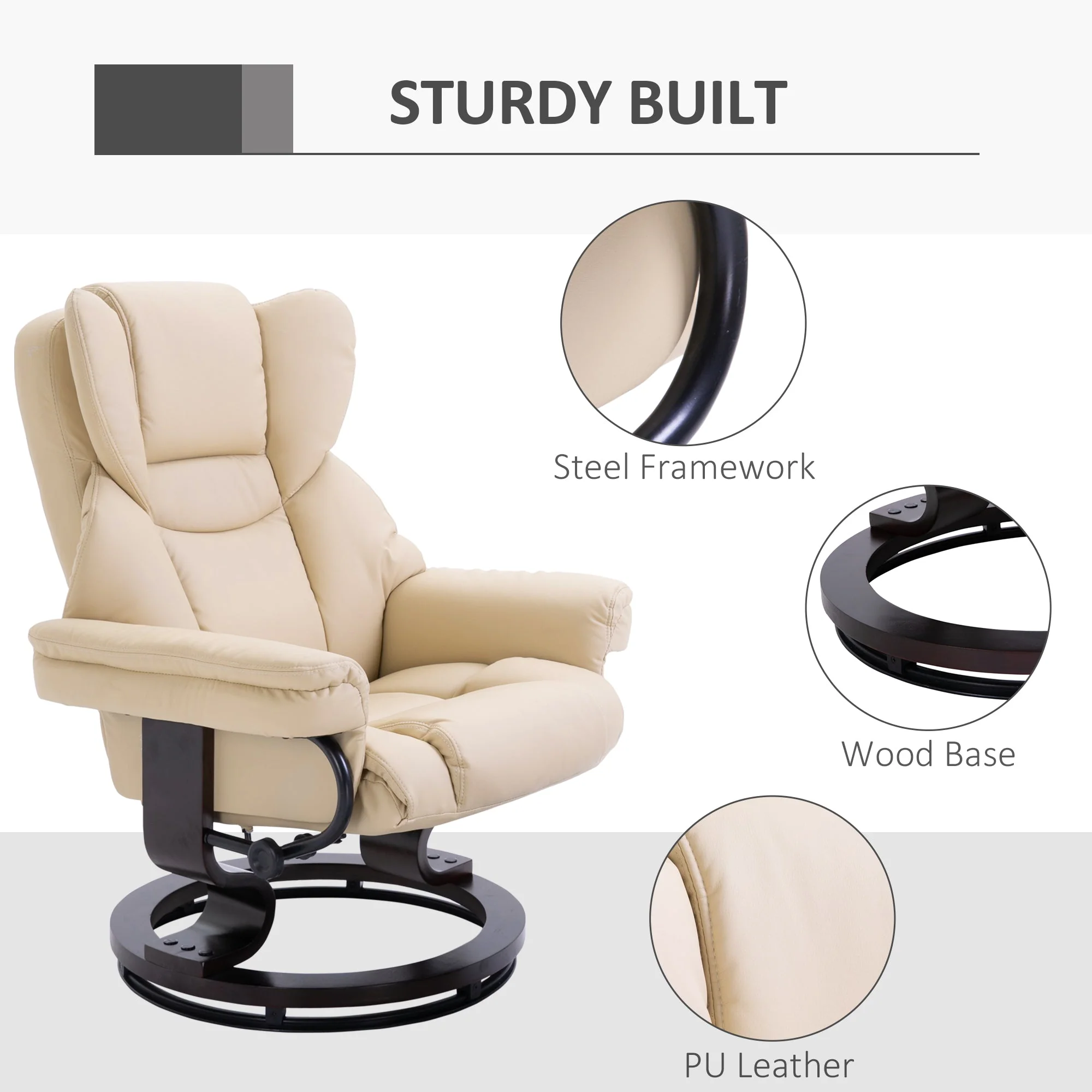 Reclining Swivel Armchair Footstool Set Sofa Padded PU Leather Relaxing Manual Duo Metal Frame Bentwood Base Cream - Image 5