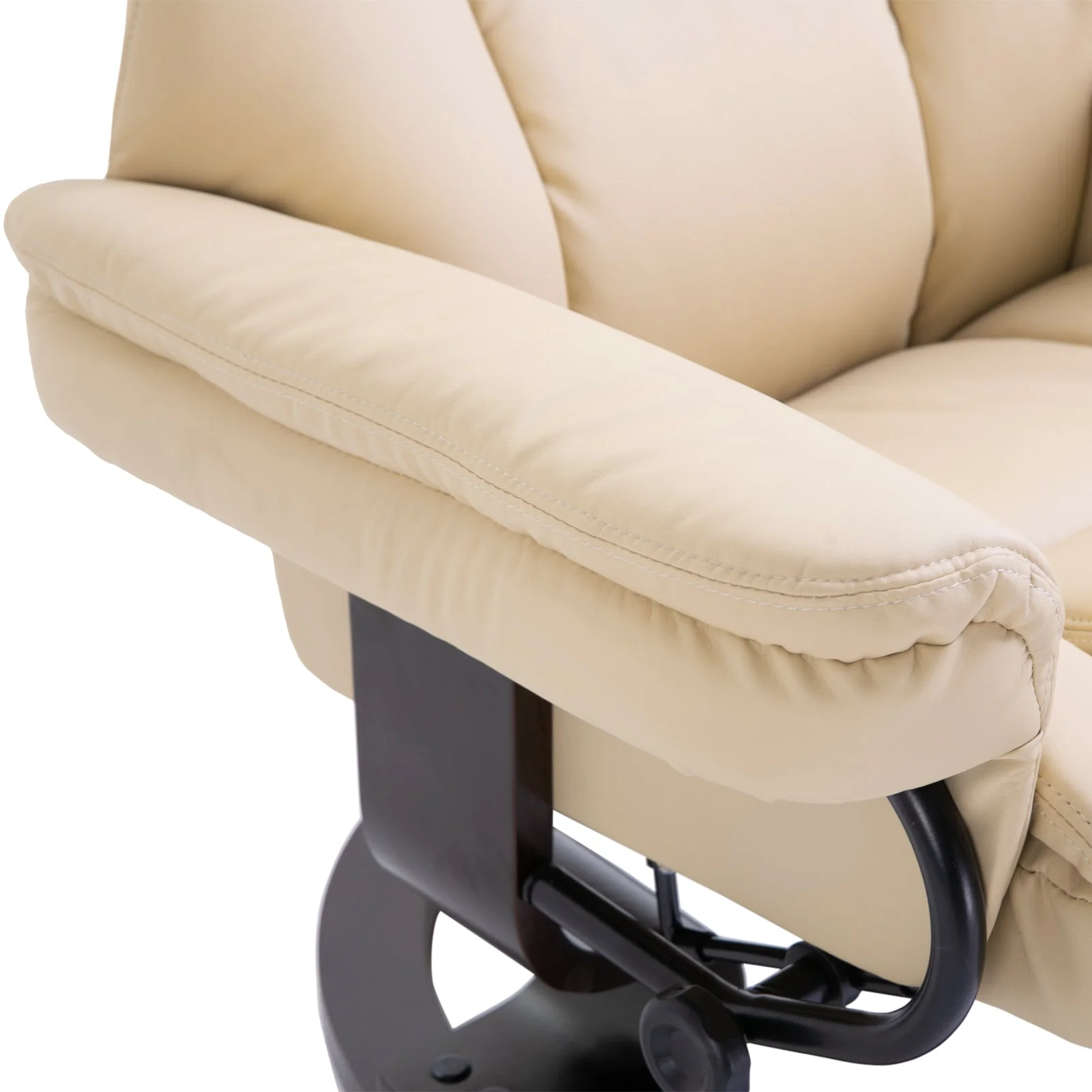 Reclining Swivel Armchair Footstool Set Sofa Padded PU Leather Relaxing Manual Duo Metal Frame Bentwood Base Cream - Image 7