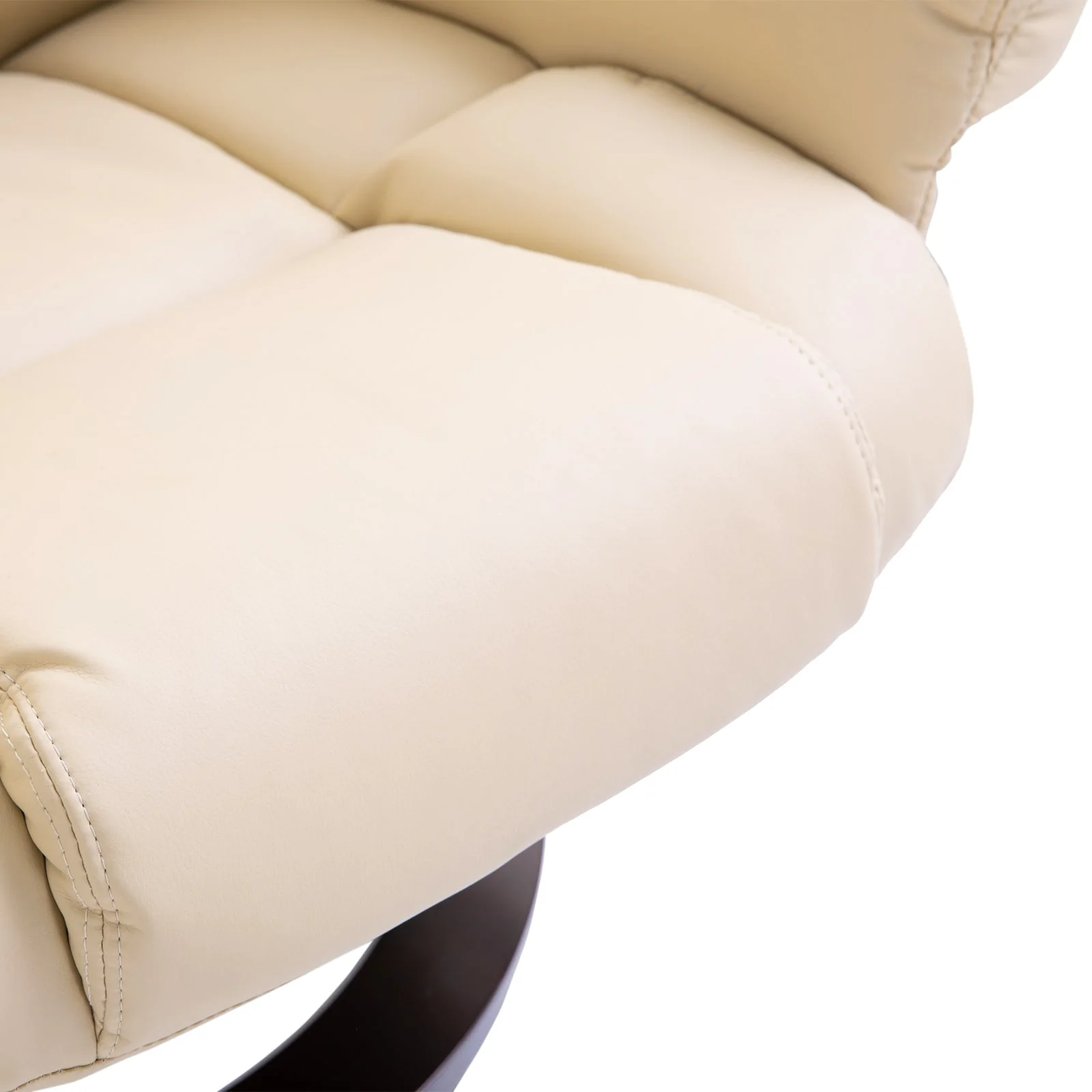 Reclining Swivel Armchair Footstool Set Sofa Padded PU Leather Relaxing Manual Duo Metal Frame Bentwood Base Cream - Image 9