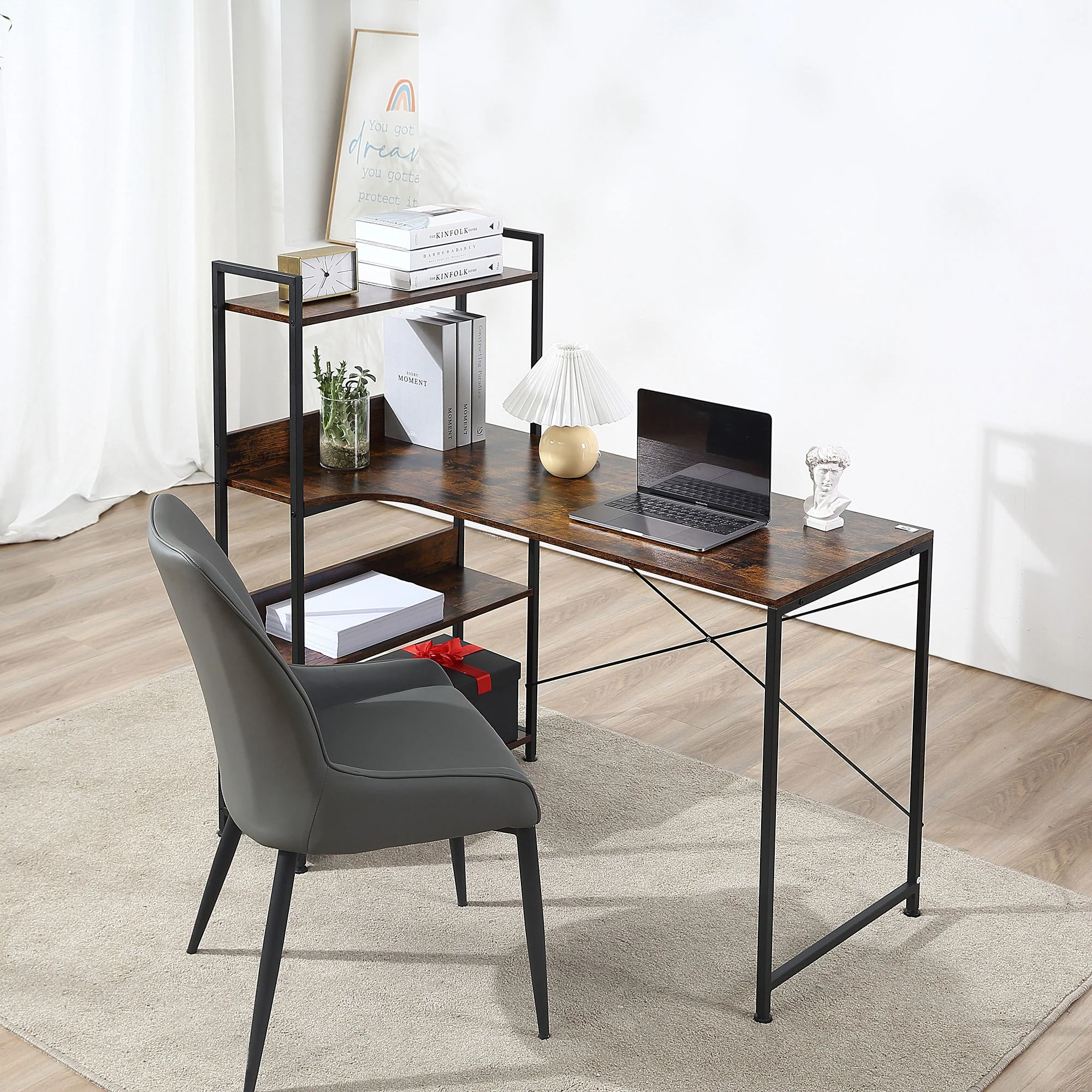 Retro Industrial Computer Desk Home Office Table with 4-Tier Storage Shelf Metal Frame Computer Workstation for Home Office - Image 2