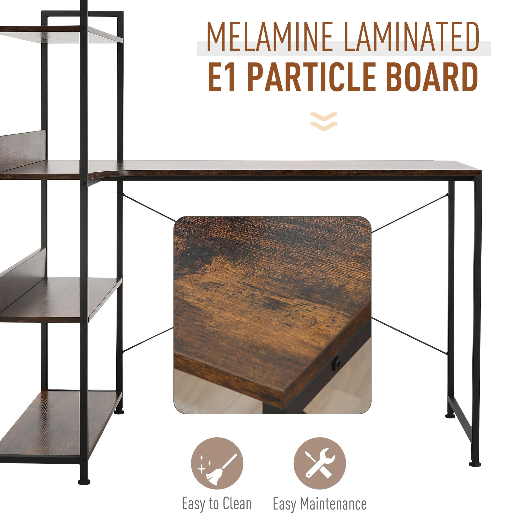 Retro Industrial Computer Desk Home Office Table with 4-Tier Storage Shelf Metal Frame Computer Workstation for Home Office - Image 4