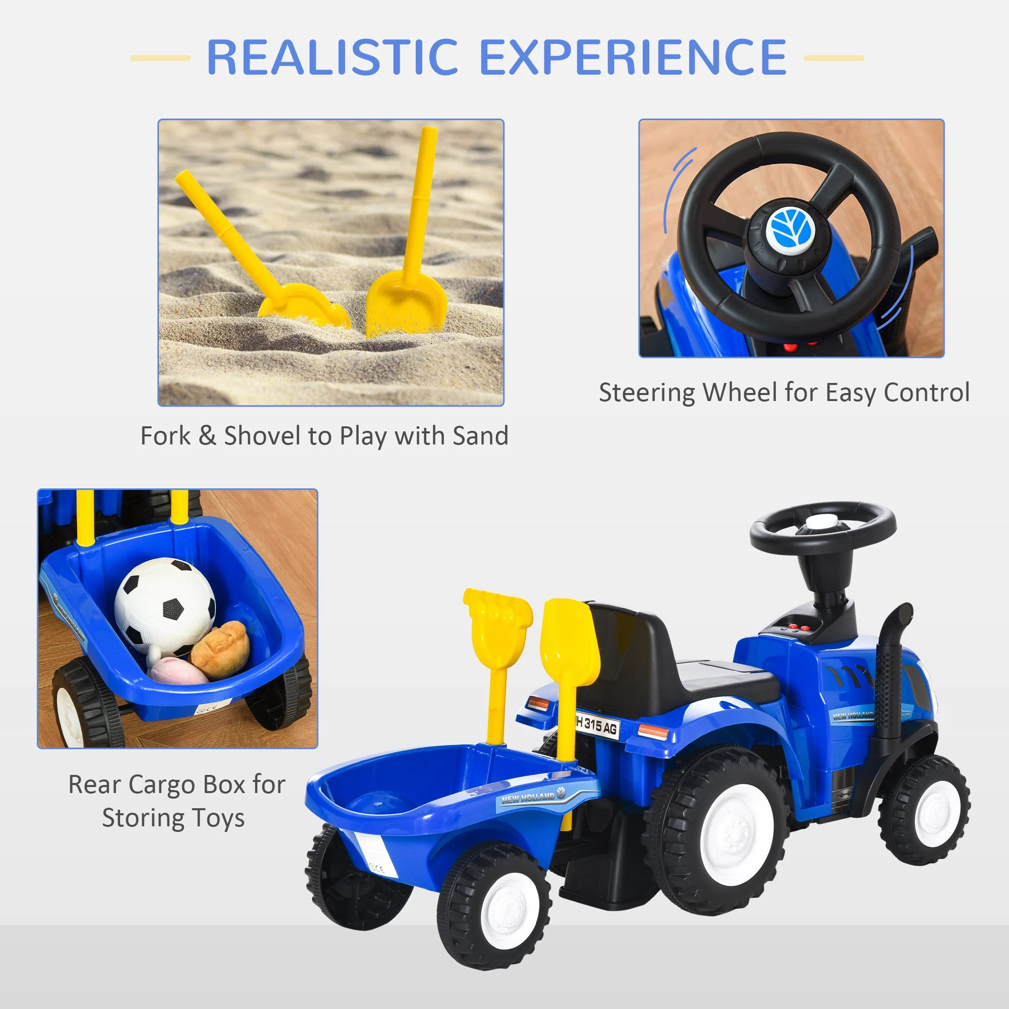 Ride On Tractor Toddler Walker Foot To Floor Slider w/ Horn Storage Steering Wheel for 1-3 Years Old Blue - Image 6