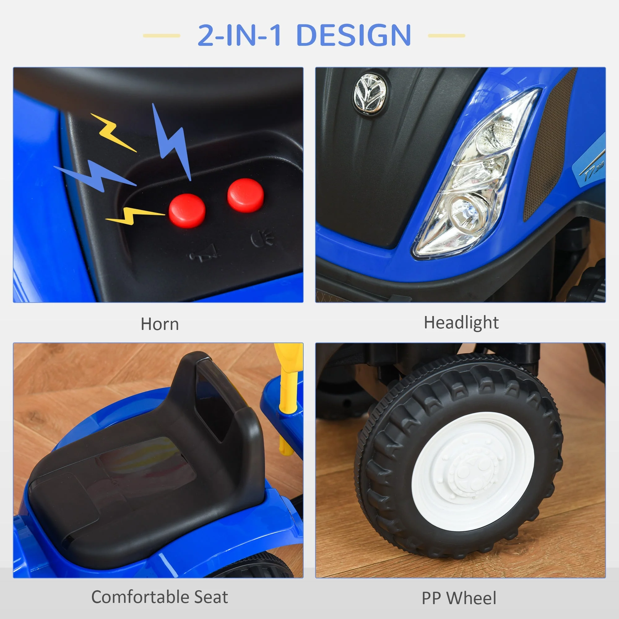 Ride On Tractor Toddler Walker Foot To Floor Slider w/ Horn Storage Steering Wheel for 1-3 Years Old Blue - Image 7