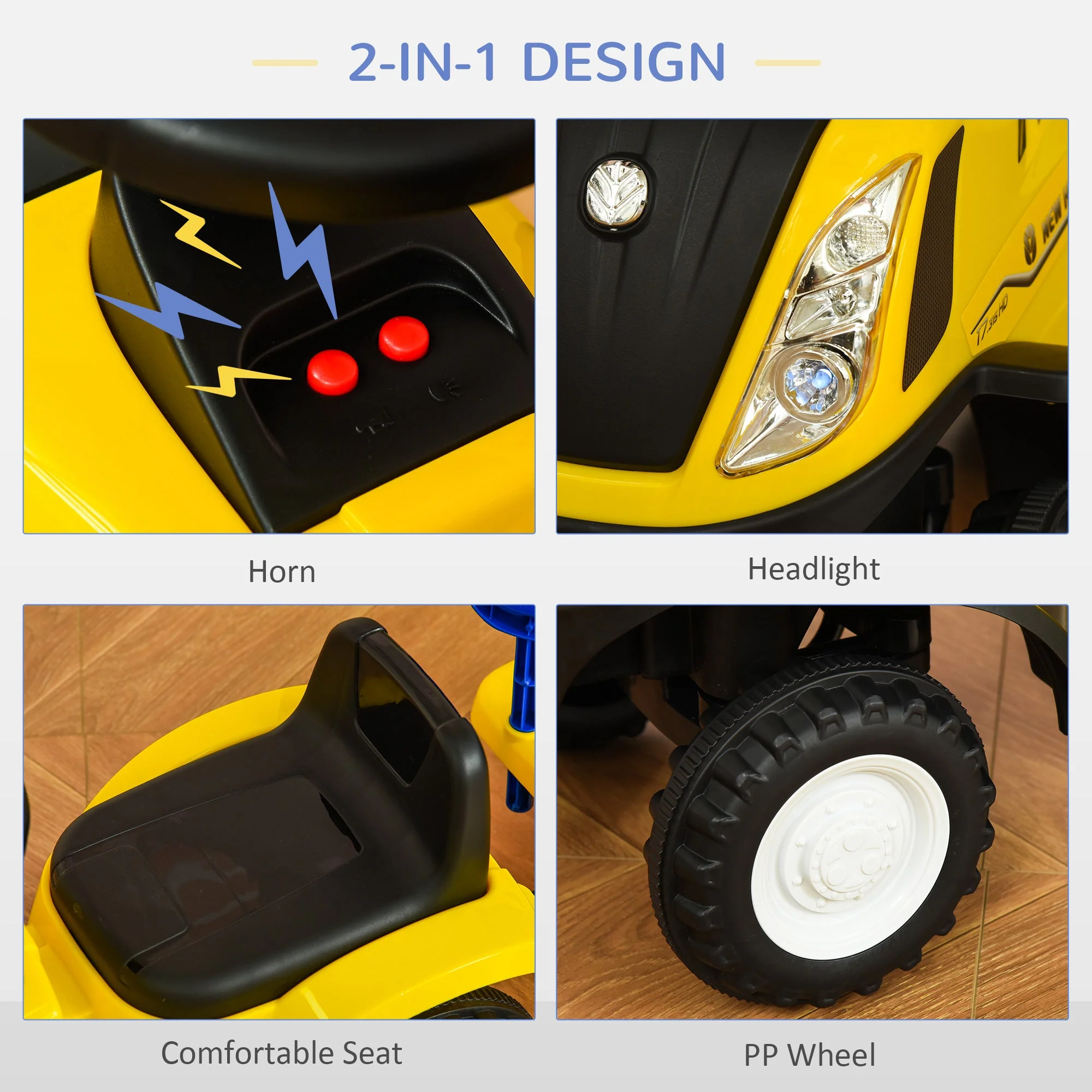 Ride On Tractor Toddler Walker Foot To Floor Slider w/ Horn Storage Steering Wheel for 1-3 Years Old Yellow - Image 7