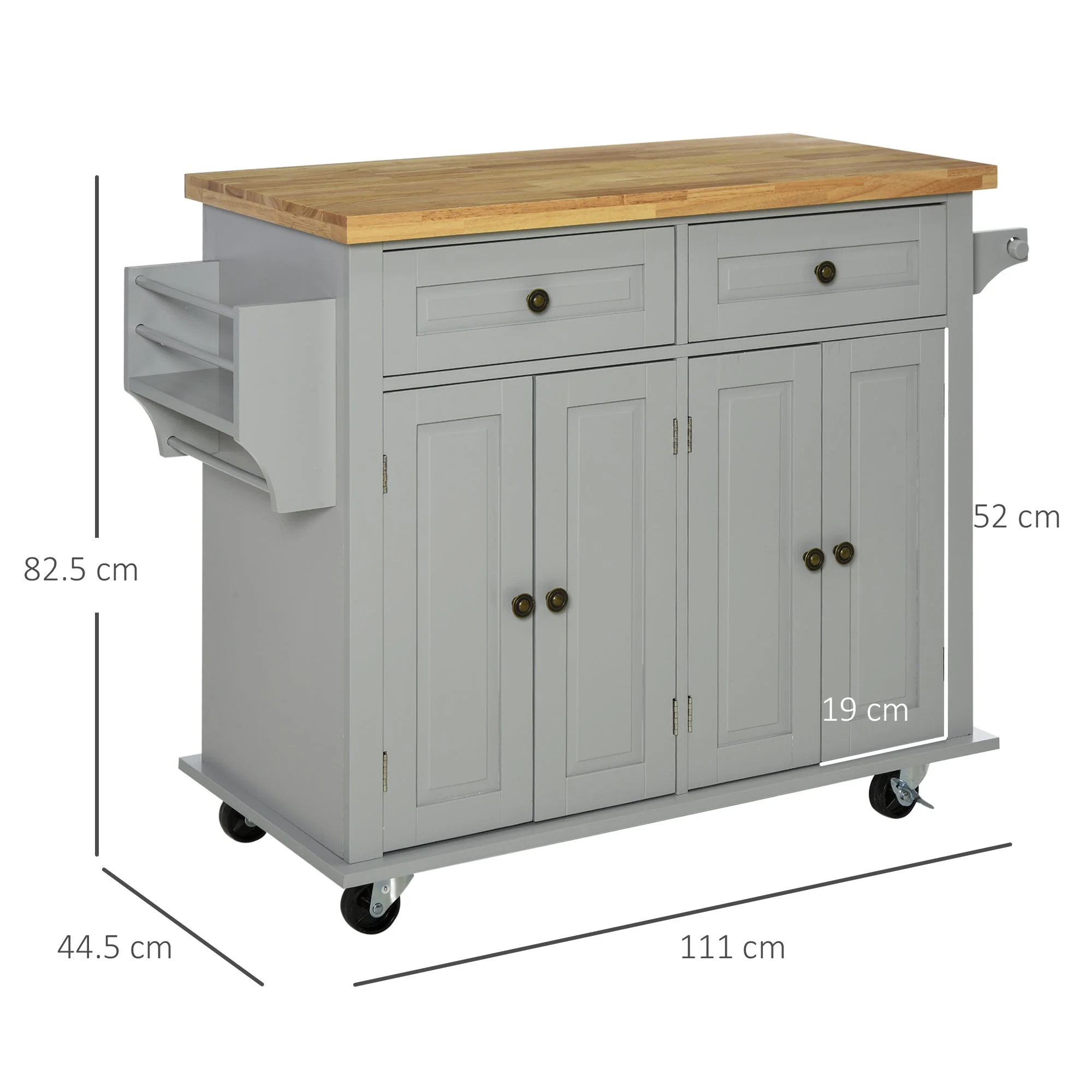 Rolling Kitchen Island Storage Trolley with Rubber Wood Top & Drawers for Dining Room - Image 3