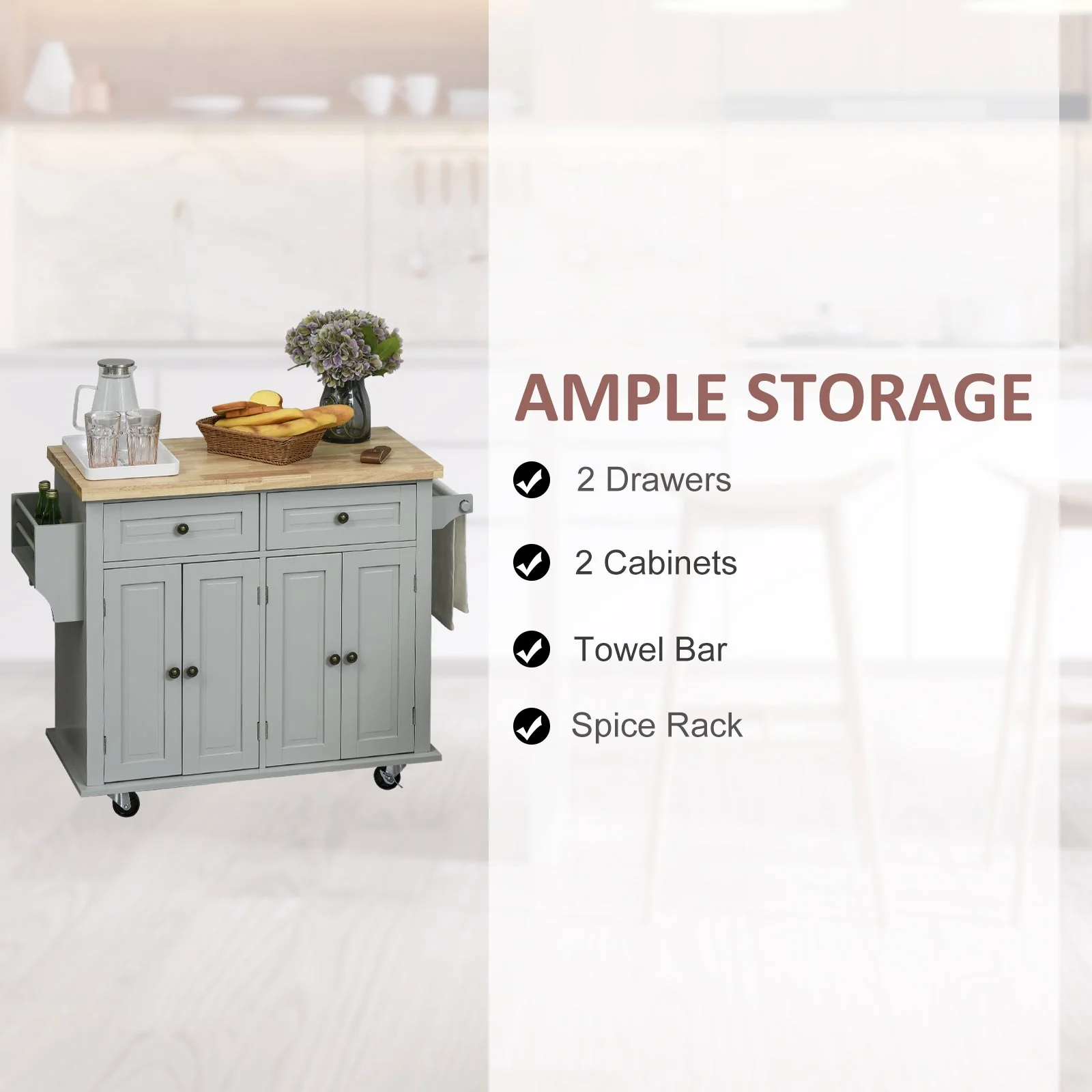 Rolling Kitchen Island Storage Trolley with Rubber Wood Top & Drawers for Dining Room - Image 4
