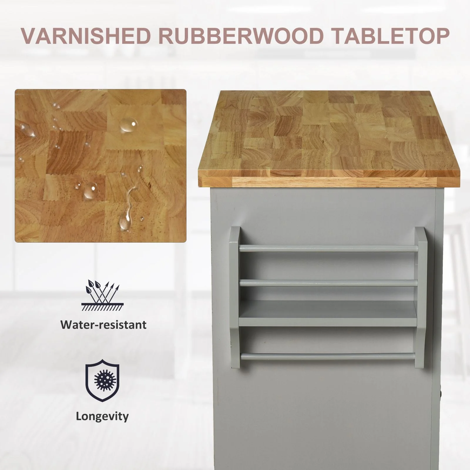 Rolling Kitchen Island Storage Trolley with Rubber Wood Top & Drawers for Dining Room - Image 5